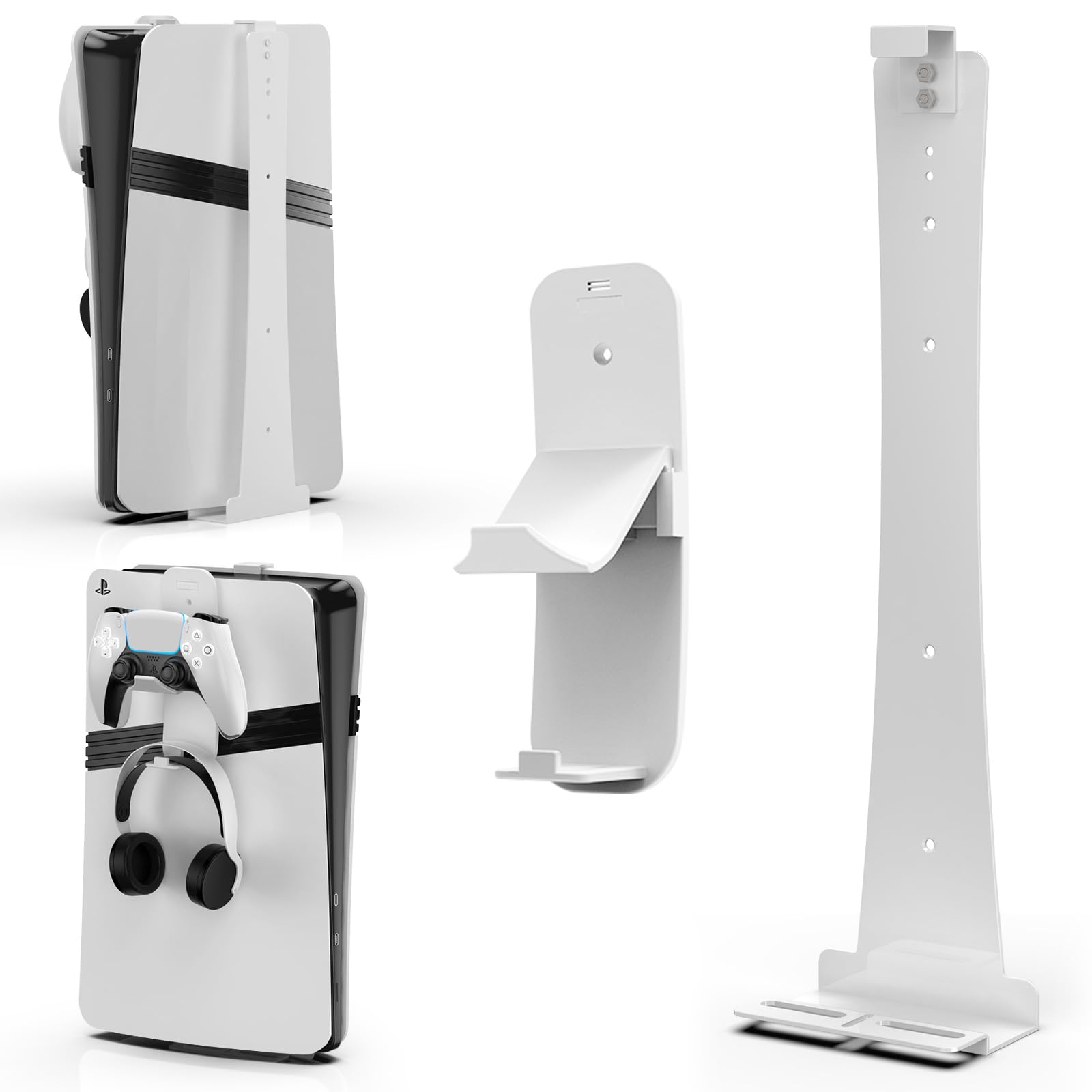 PS5 Slim Wall Mount Bracket - Heavy Duty Steel Wall Mount for PlayStation 5 Slim with Controller Headset Holder (White) | Perfect for Gaming Room Setup & Space-Saving Console Storage
