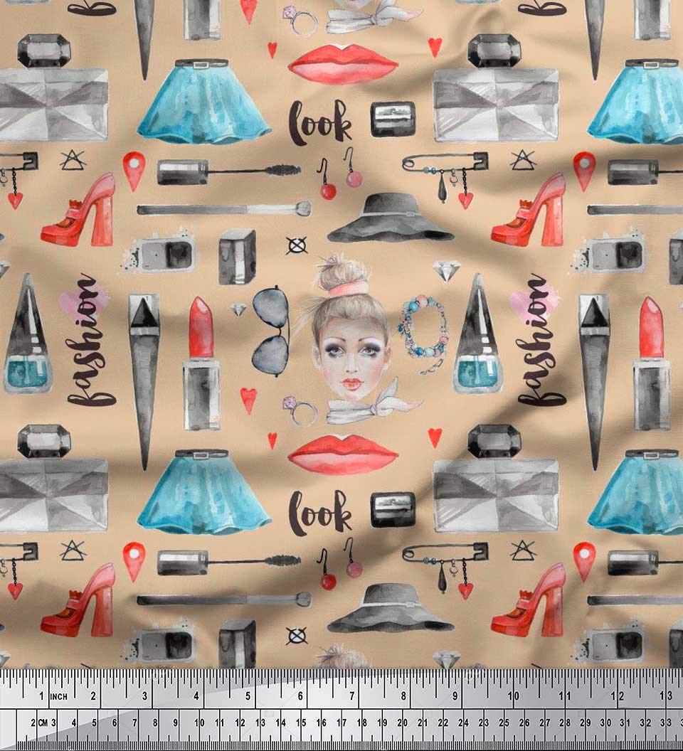 Soimoi Rayon Beige Fabric by The Yard - 42 Inch Wide Printed Fashion Material for Dresses, Lipstick & Perfume Bottle Designs - Glamorous & Chic Fabric for DIY Fashion Projects, Home Decor & Crafting