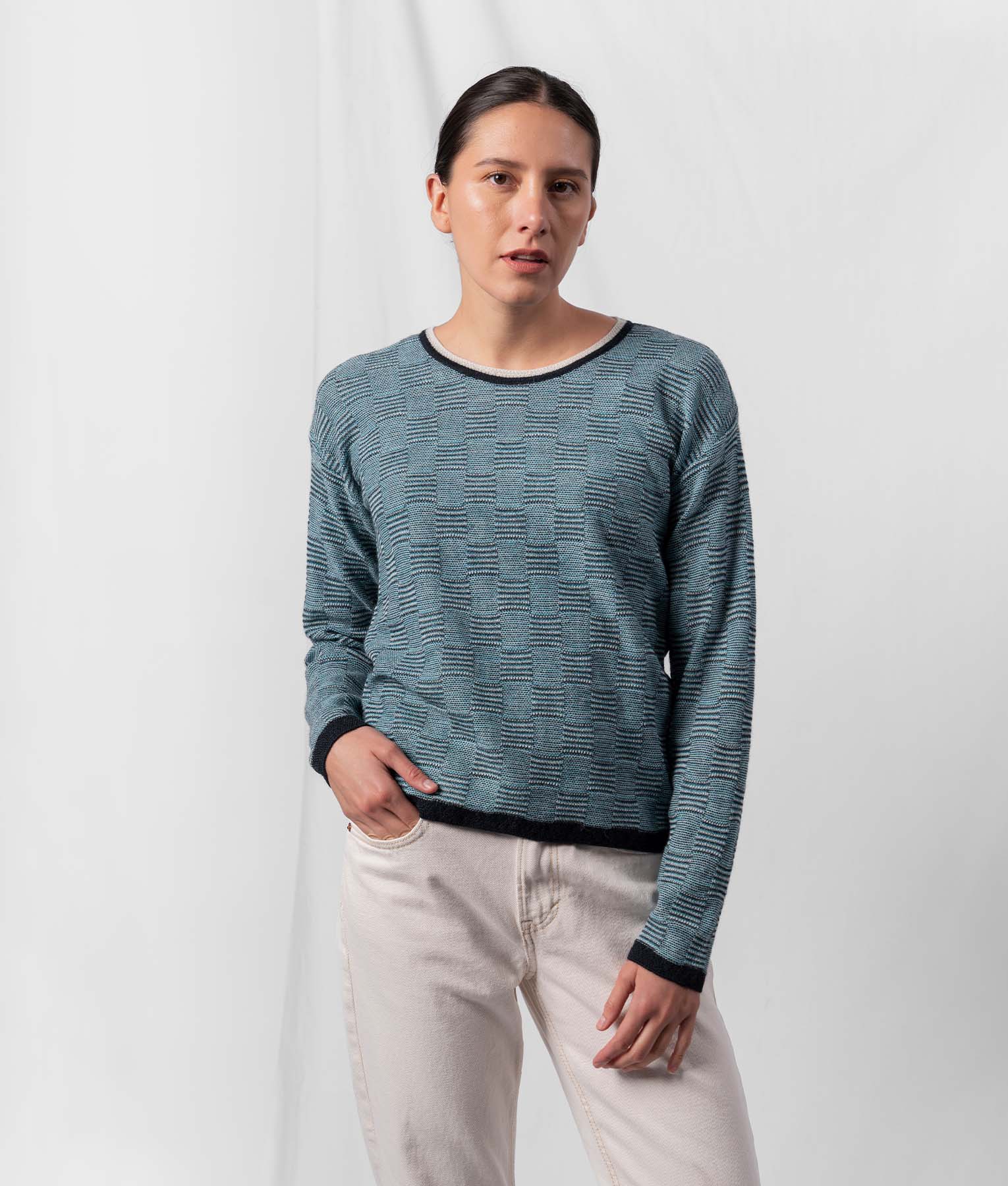 High & Low O-Neck Stitched Sweater in Teal Blue & Black | Women's Casual Knit Pullover for Fall & Winter | Perfect for Office, Dates & Cozy Evenings