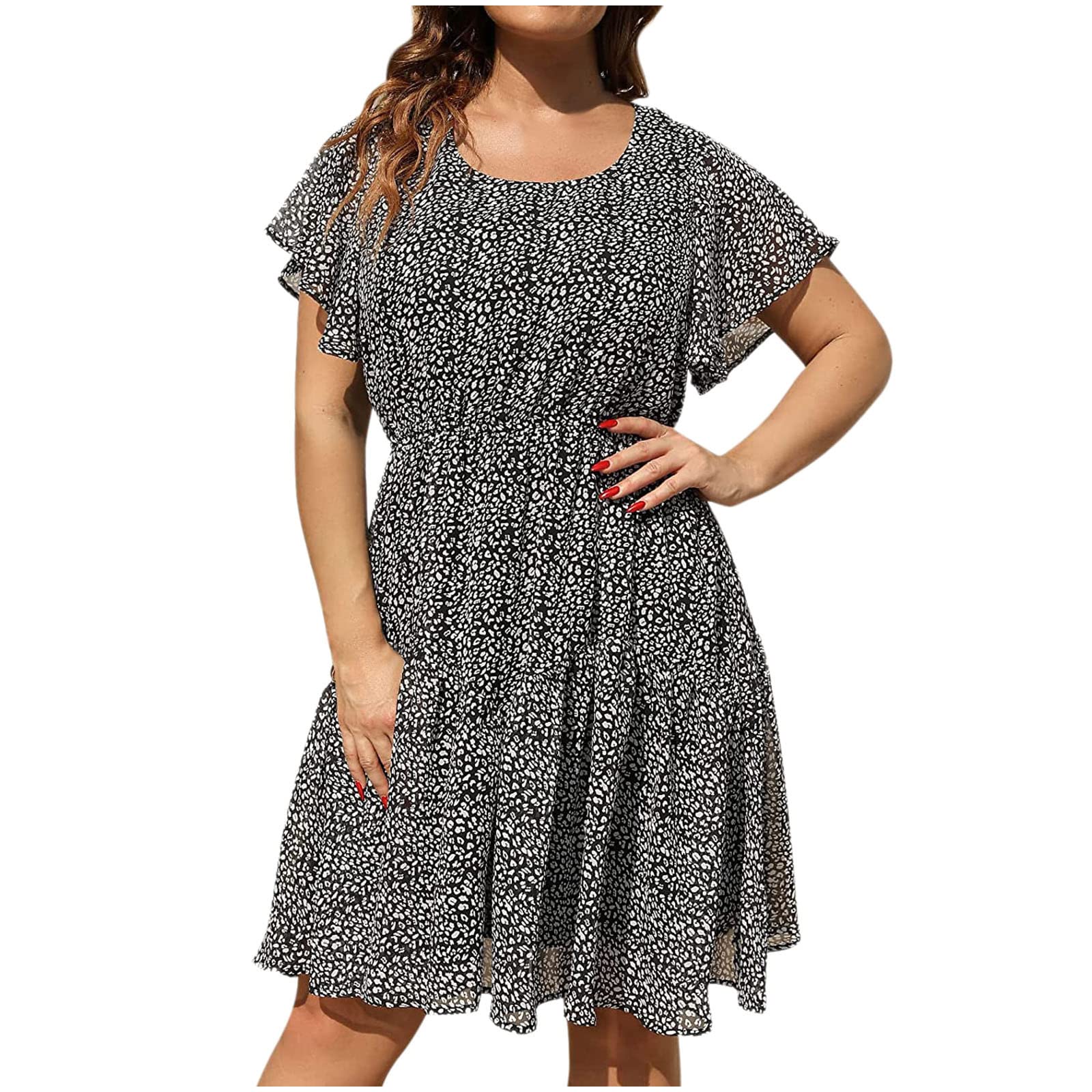 **Plus Size Summer Floral Dress for Women - Ruffled Short Sleeve V-Neck Flowy Mini A-Line Dress | Casual Outfit for Beach, Party & Date Night**