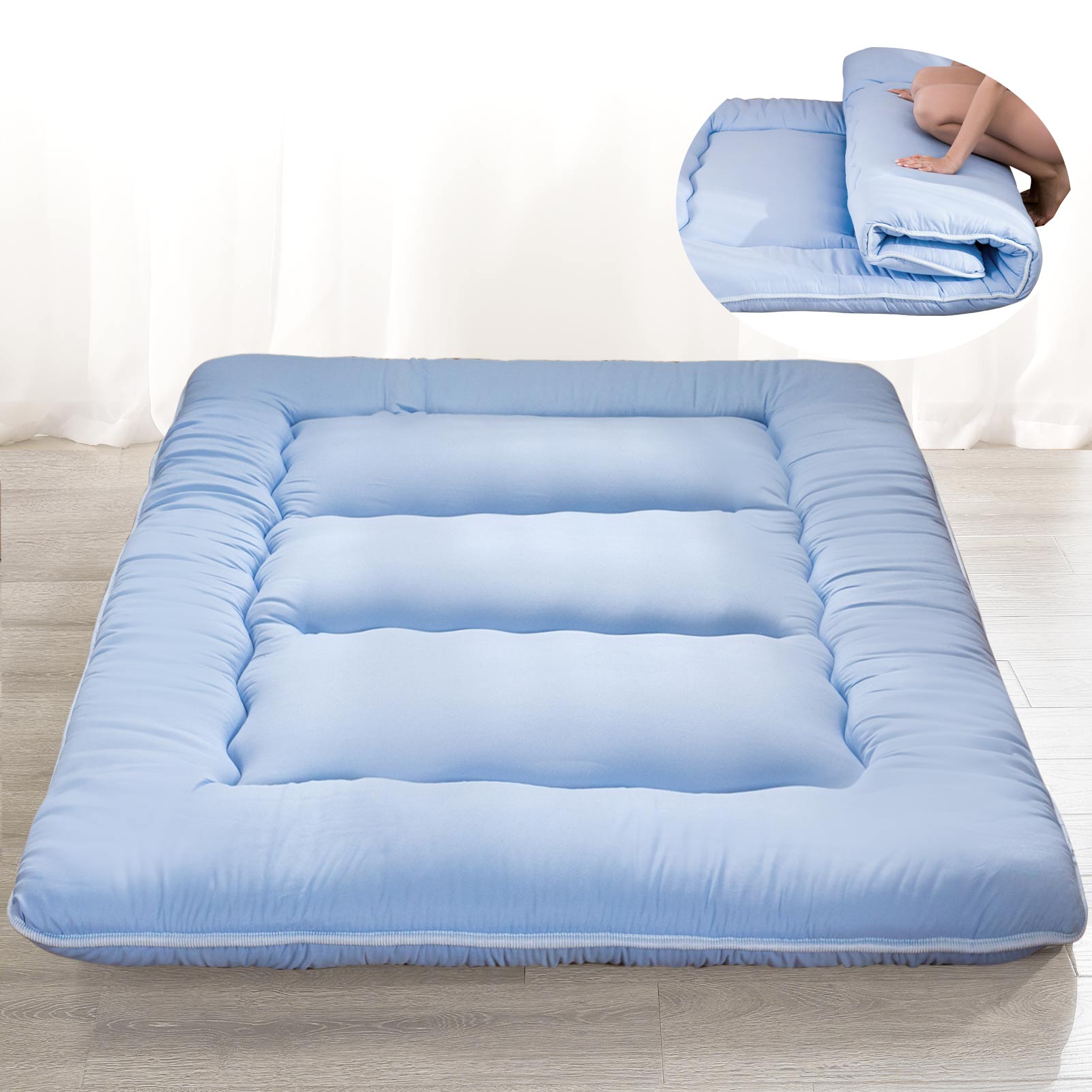 MAXYOYO Ultra Thick Japanese Floor Futon Mattress - Dusty Blue | Comfortable Sleeping & Lounging for Small Spaces, Guest Rooms & Minimalist Homes