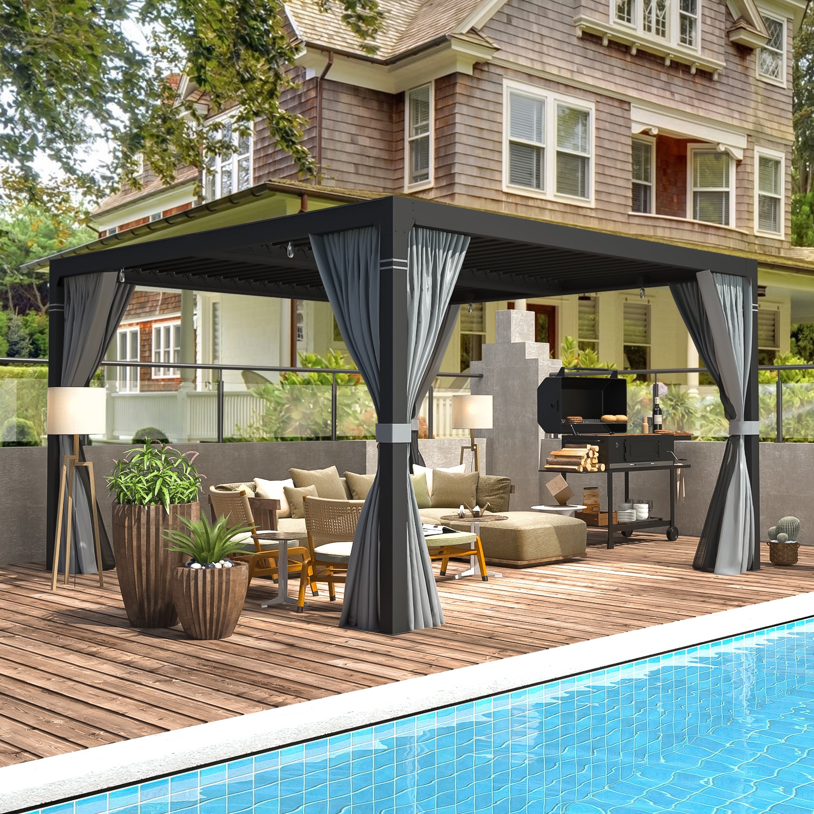 EROMMY 10x10 Louvered Pergola with Waterproof Rain Cover - Dark Grey Outdoor Patio Shade Structure for Backyard, Garden & Poolside Relaxation