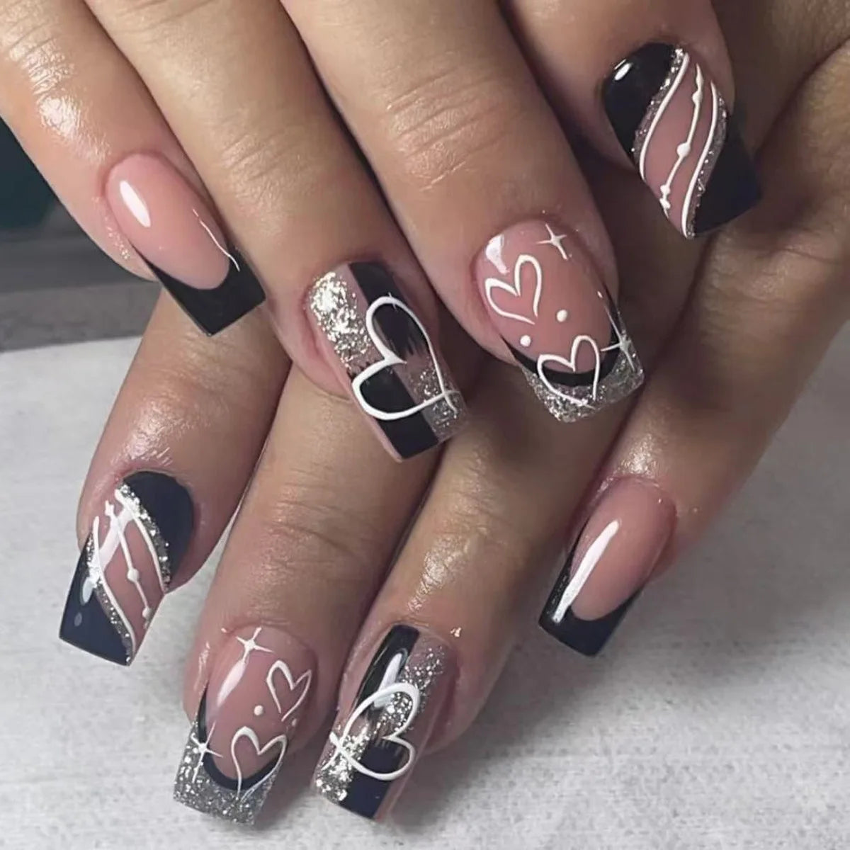 24Pcs Medium Length Press-On Nails - Black & White Valentine's Glitter French Tips with Love Stripes | False Nails for Women | Perfect for Parties, Dates & Special Occasions