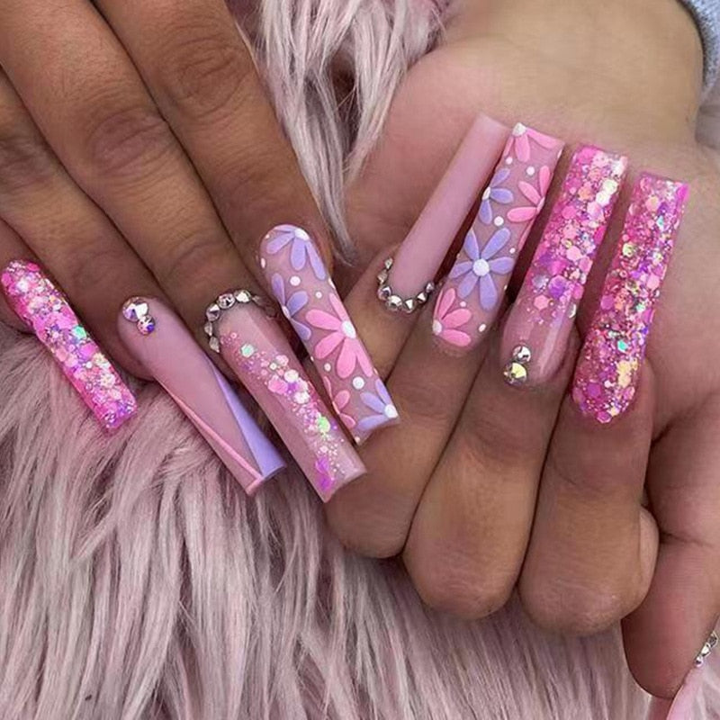 3D Strobe Fake Nails - Pink Purple Floral Glitter French Coffin Tips Press On False Nails Set with Diamond Flakes | Perfect for Parties, Weddings & Special Occasions