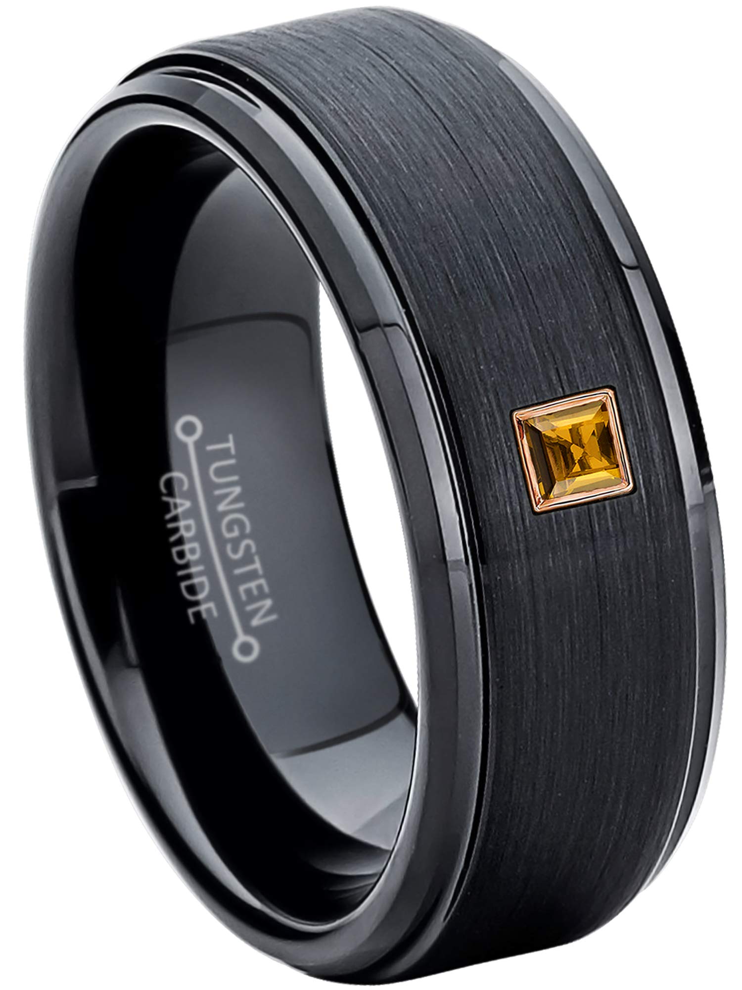 Brushed Black Tungsten Carbide Men's Wedding Band with 0.05-0.10ctw Princess Cut Citrine Birthstone - Stepped Edge Comfort Fit Anniversary Ring for Men - Perfect for Weddings, Engagements & Special Occasions