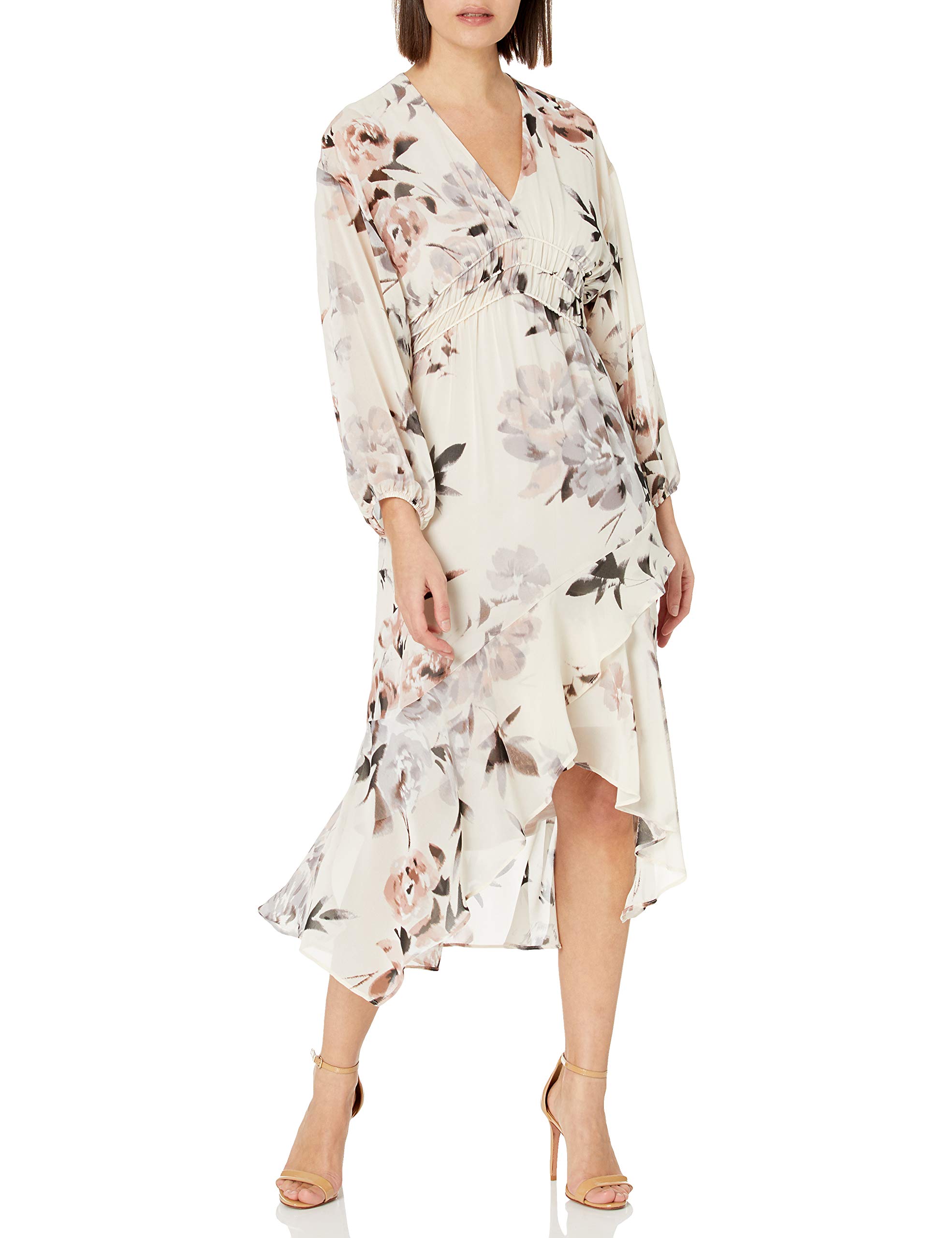 Taylor Women's Petite Floral Print Chiffon Dress - Long Sleeve V-Neck High-Low Ruffle Skirt with Corded Waist | Perfect for Weddings, Parties & Special Occasions