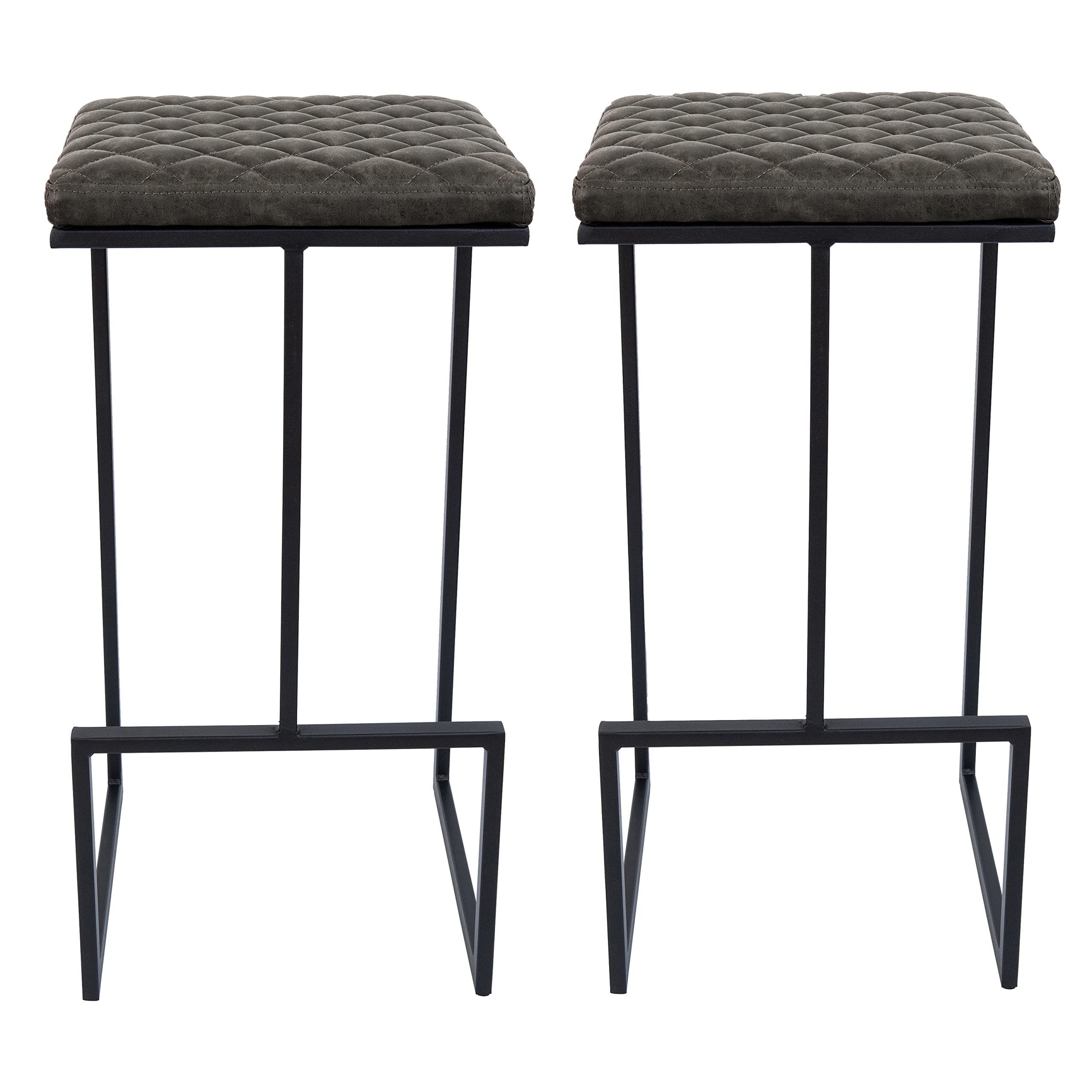 Quincy Quilted Leather Bar Stools Set of 2 - Grey Stitched Counter Height Stools with Metal Frame for Kitchen Island, Breakfast Nook & Home Bar | Durable & Comfortable Seating