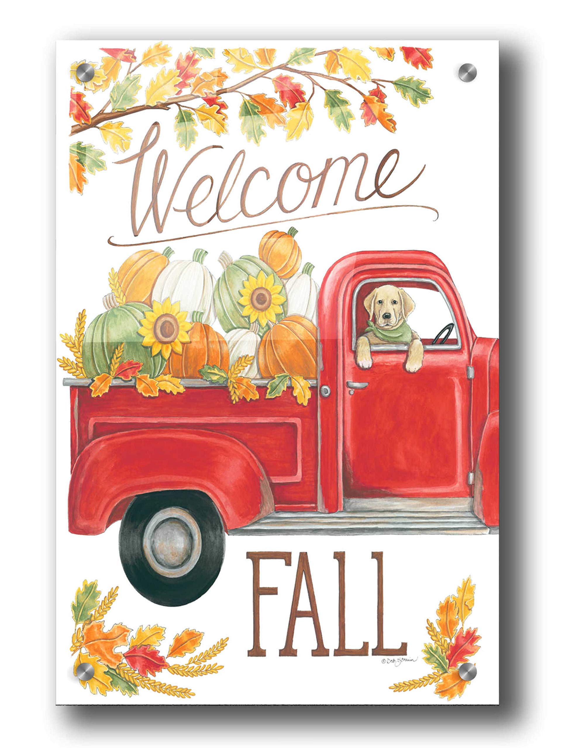 Deb Strain Fall Truck & Lab Acrylic Glass Wall Art - 24x36 Inches, Vibrant Autumn Landscape Painting for Living Room, Bedroom, or Office Decor
