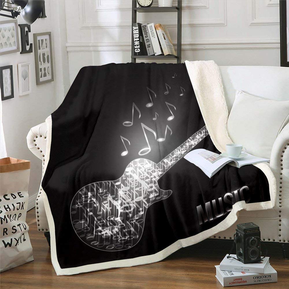 **Erosebridal Guitar Sherpa Fleece Blanket - Rock Music Theme with Musical Notes - Soft & Warm Twin Size (60
