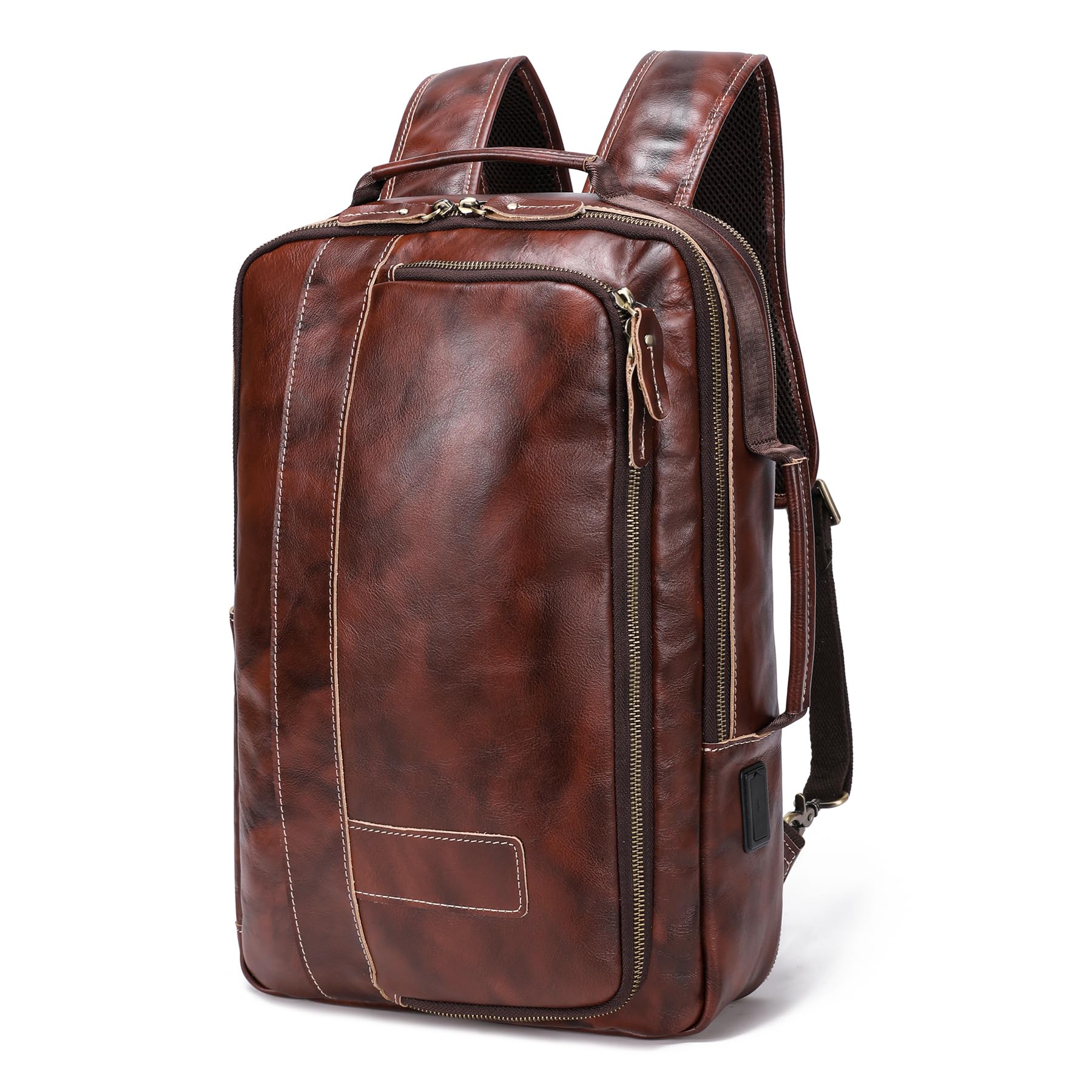Premium Vegetable Tanned Leather Backpack for Men - Expandable 15.6 Inch Laptop Travel Bag, Durable Shoulder Rucksack for Work, College & Outdoor Adventures