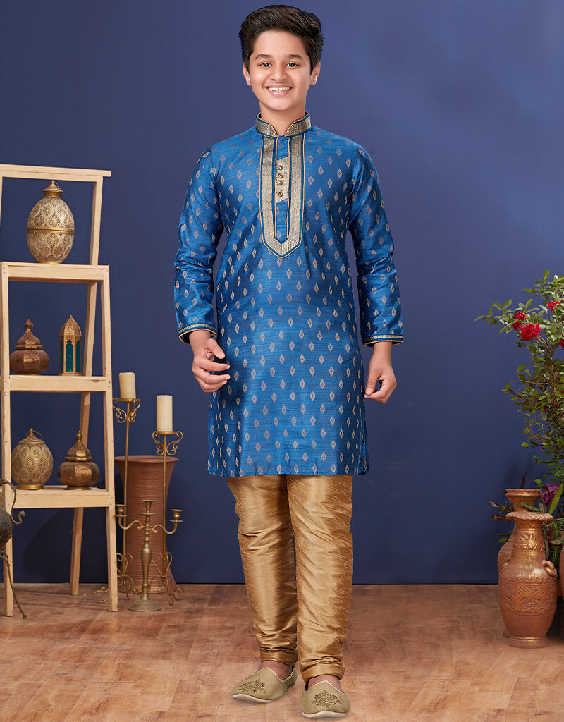 Blue Kurta Pajama Set - Jacquard Silk Men's Traditional Indian Wear for Festivals & Weddings
