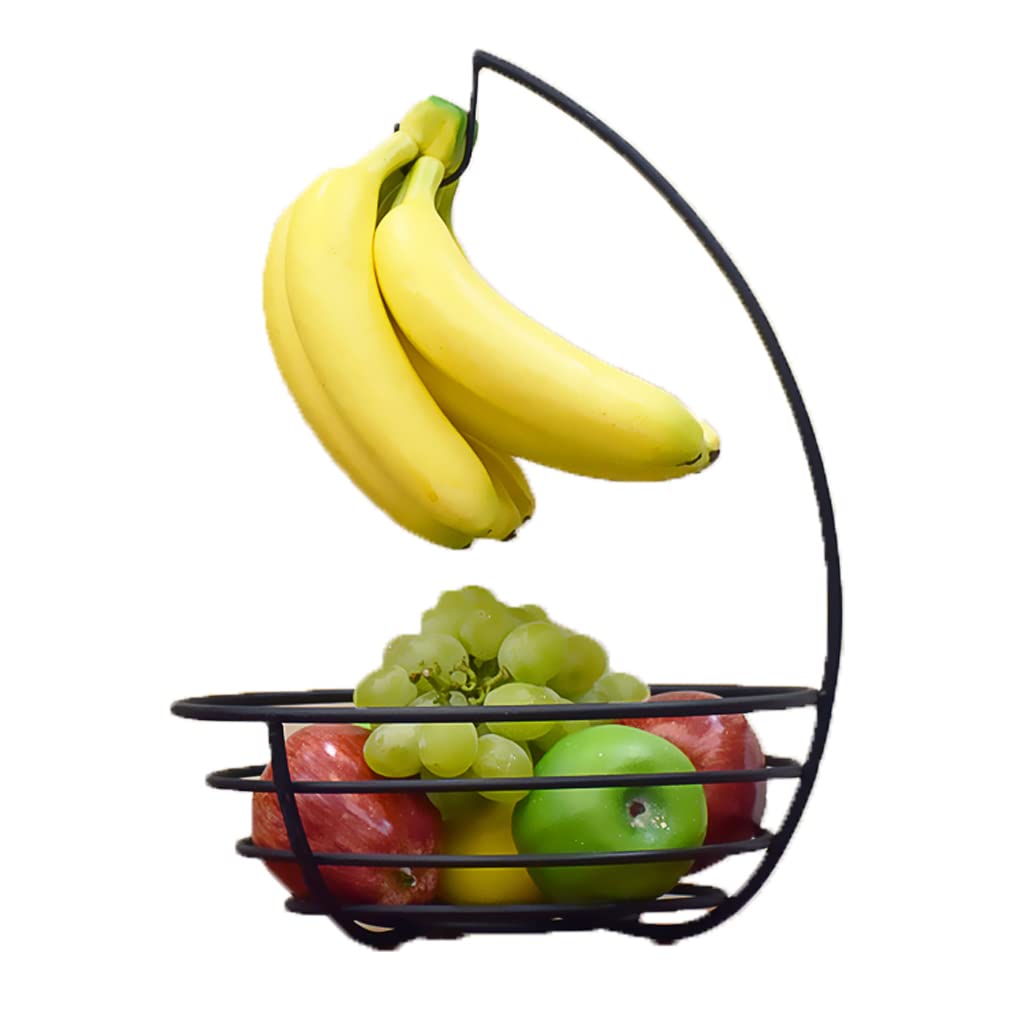 Modern Wrought Iron Fruit Basket Stand with Banana Hook - Black Household Snack & Nut Storage Organizer for Kitchen Counter, Dining Table, or Pantry Organization