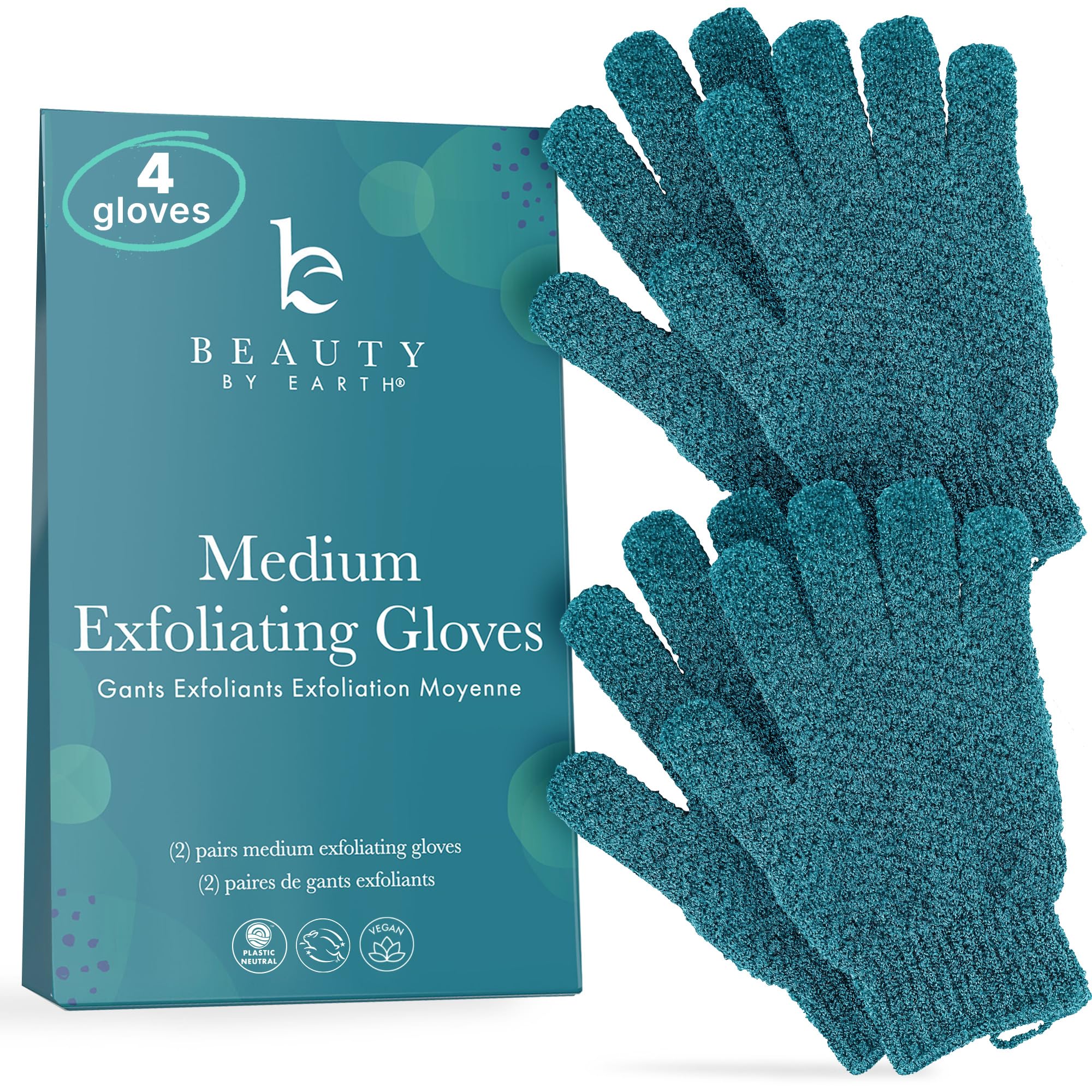 Exfoliating Bath Gloves for Shower - 2 Pairs (4 Gloves) Medium Exfoliation, Body Scrub & Shower Scrubber for Women & Men, Loofah Shower Gloves for Smooth Skin - Perfect for Spa, Dry Brushing & Deep Cleansing
