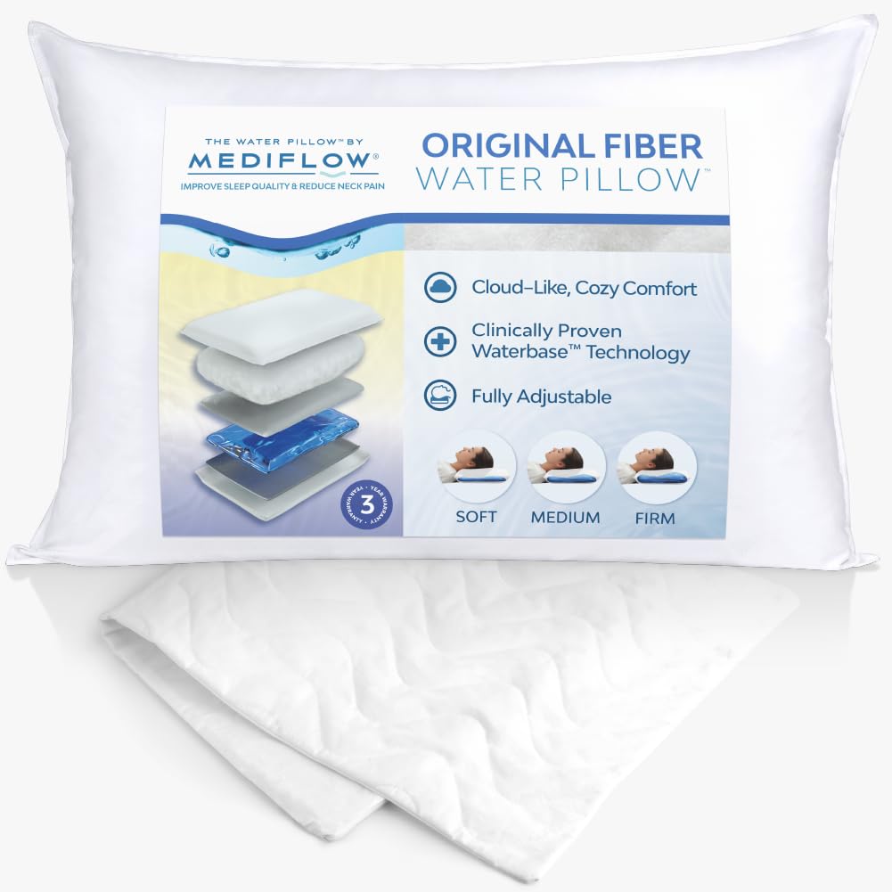 Original Fiber Water Pillow & Cotton Quilted Pillow Protector Set - Cooling Support for Neck Pain Relief, Hypoallergenic Bedding for Side Sleepers (Perfect for Hot Sleepers & Allergy Sufferers)