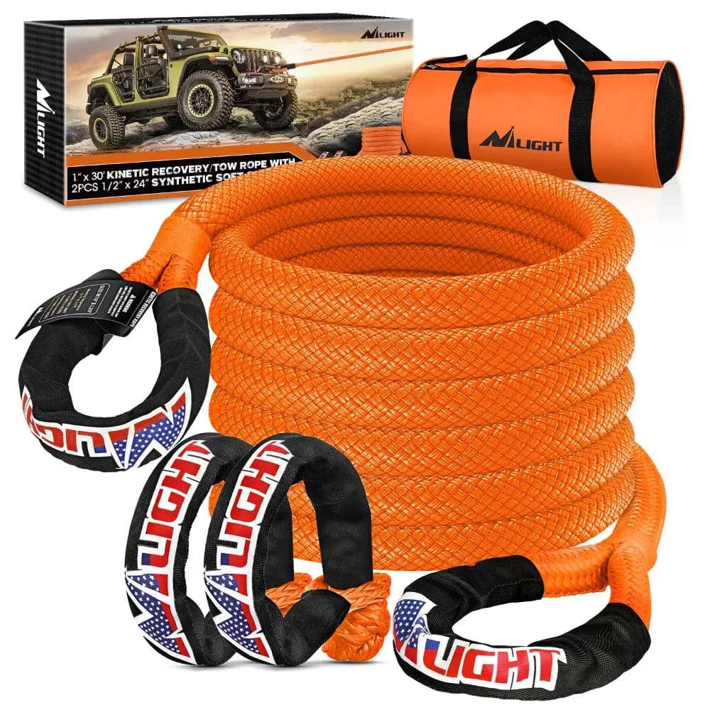 1In x 30FT Heavy Duty Kinetic Recovery Rope with 2PCS 1/2In x 24In Soft Shackles - Off-Road Vehicle Recovery, Towing, and Emergency Rescue Gear for Trucks, Jeeps, and SUVs