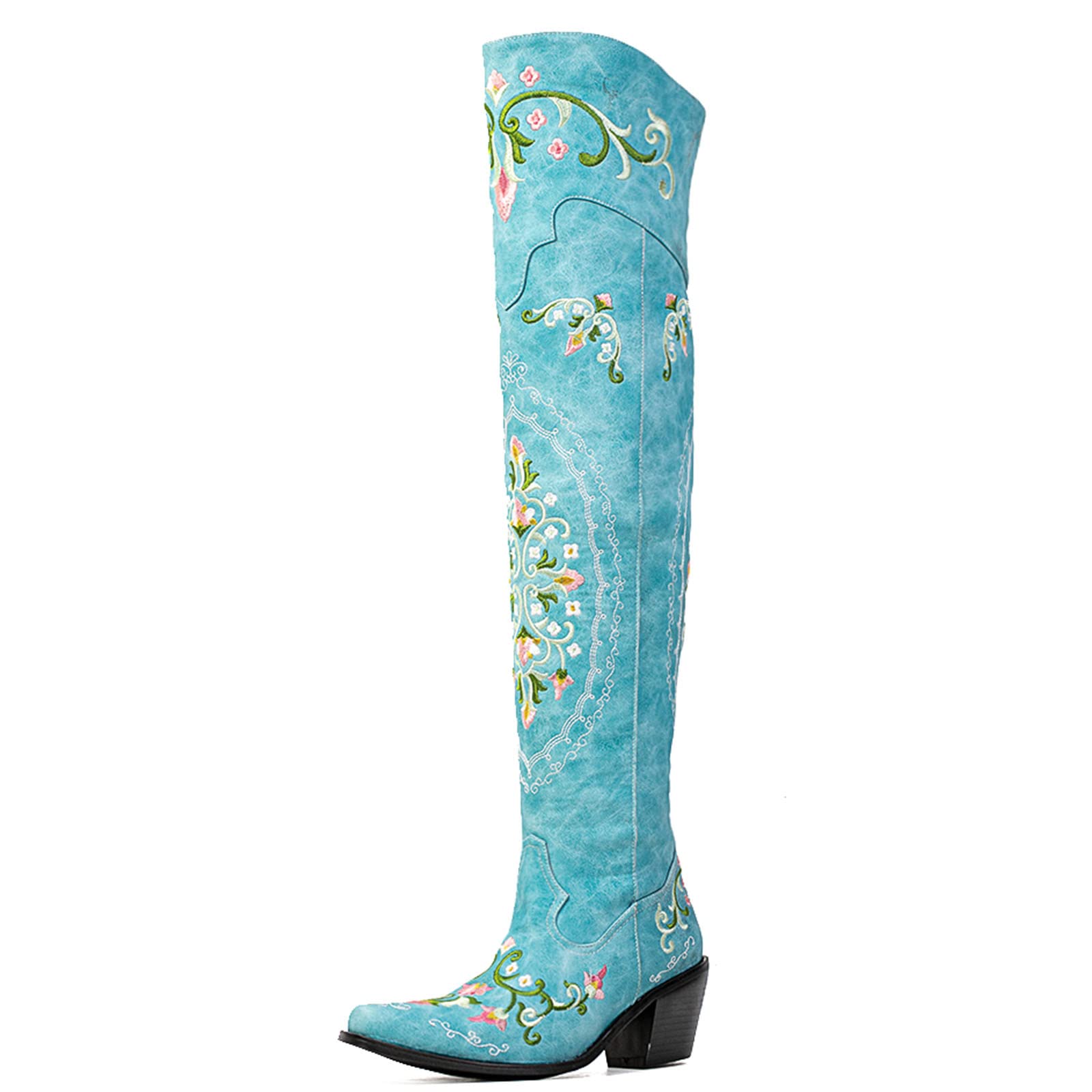 SaraIris Women's Cowgirl Boots - Knee High Western Boots with Chunky Heel, Pointed Toe & Floral Embroidery | Denim Thigh High Cowboy Boots for Women | Perfect for Country Music Festivals, Rodeo Events & Western Fashion Outfits
