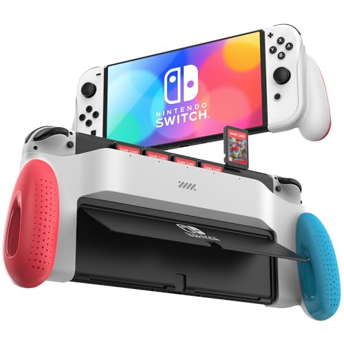 POWNEW Ergonomic Grip Case for Nintendo Switch OLED - Protective Cover with 5 Game Card Slots | Perfect for Handheld Gaming, Travel & On-the-Go Play