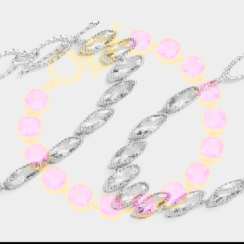 14K Gold Plated Pink Cubic Zirconia Square Link Toggle Bracelet for Women - Elegant Evening Party Jewelry Gift for Her