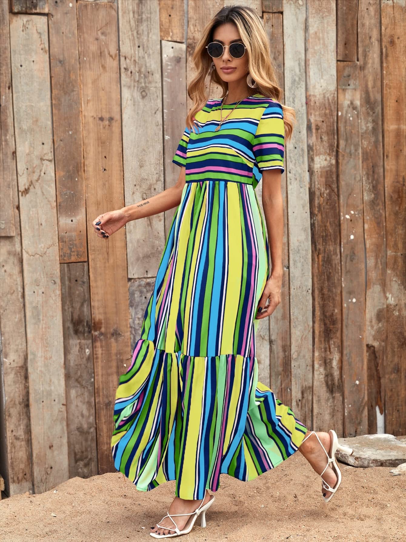 VIYAN Women's Bohemian Striped Ruffle Hem Short Sleeve Summer Dress - Perfect for Beach Vacation, Music Festival & Casual Outings