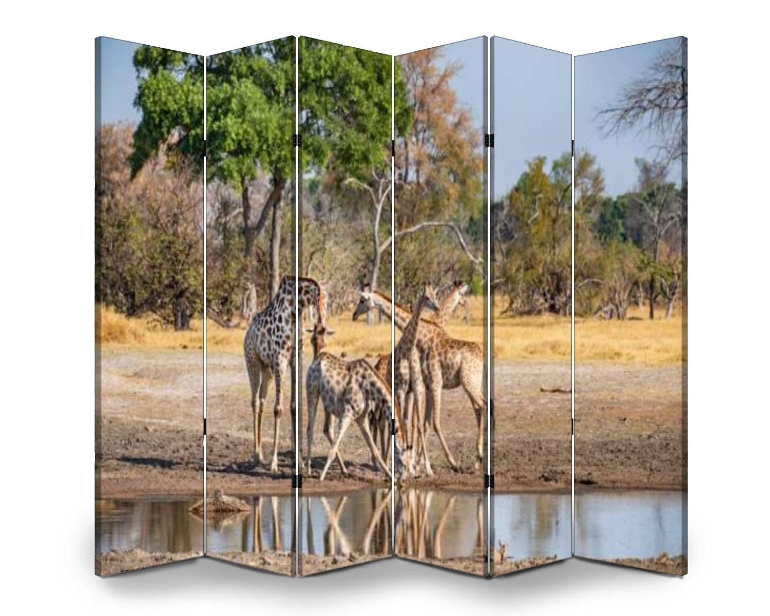 Dola-Dola 6-Panel Folding Room Divider - Southern Giraffes at Waterhole Botswana Canvas Privacy Screen | Freestanding Indoor Partition for Home, Office & Nursery | Decorative Protective Wall Separator for Living Room, Bedroom & Dorm