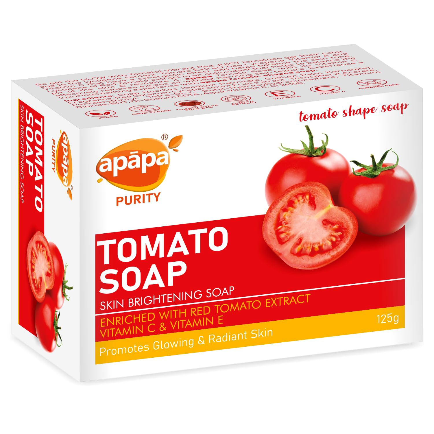Apapa Tomato Soap for Dark Spots & Acne - Natural Brightening with Vitamin E & Fruit Extracts - De-Pigmentation, Tan Removal & Glowing Skin - Cruelty-Free Vegan Face & Body Cleanser (125g) - Perfect for Daily Skincare Routine & Acne-Prone Skin