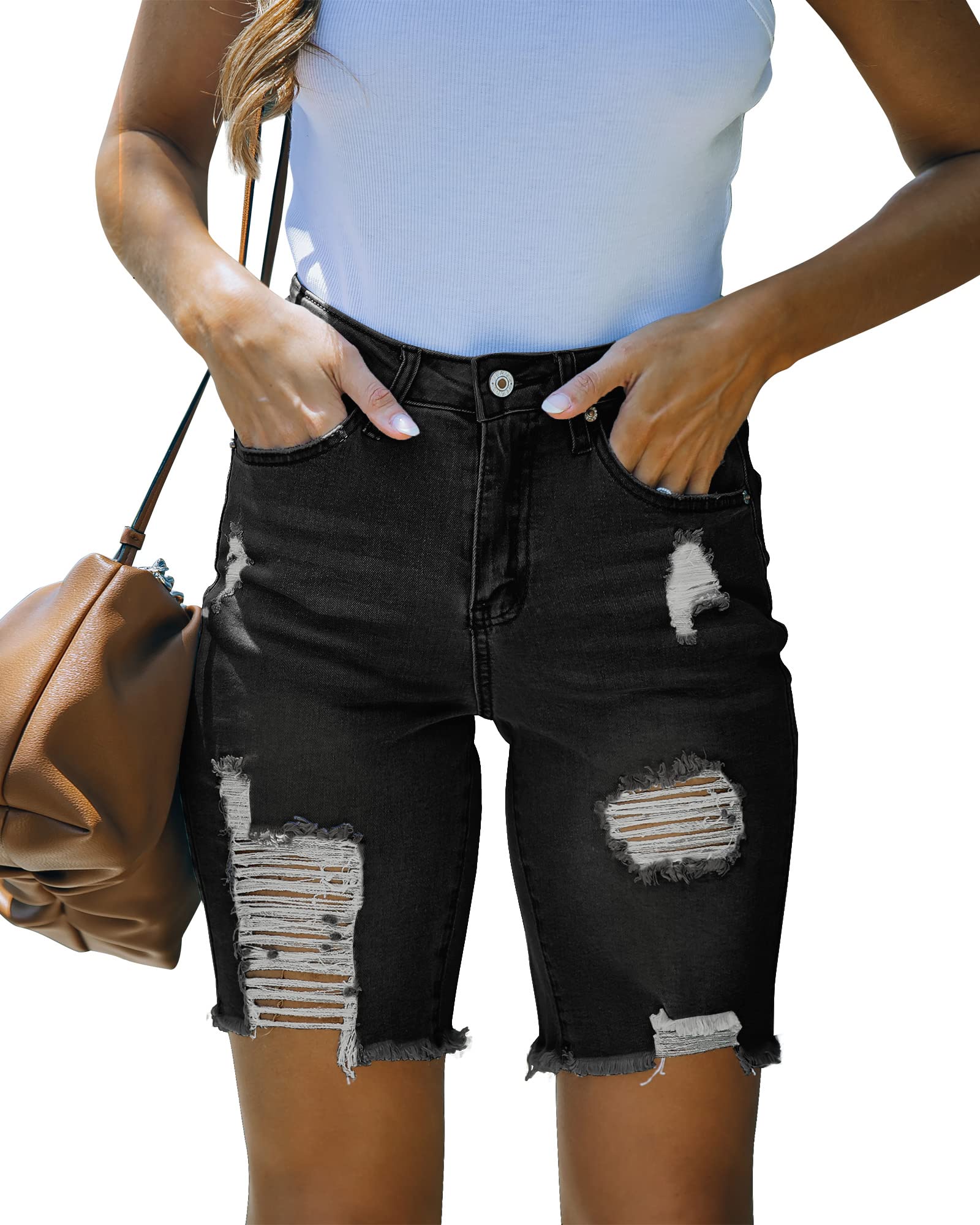 Luvamia Women's High Waisted Bermuda Shorts - Ripped Distressed Stretch Denim Shorts for Summer | Casual Wear, Beach Outfits & Street Style Fashion