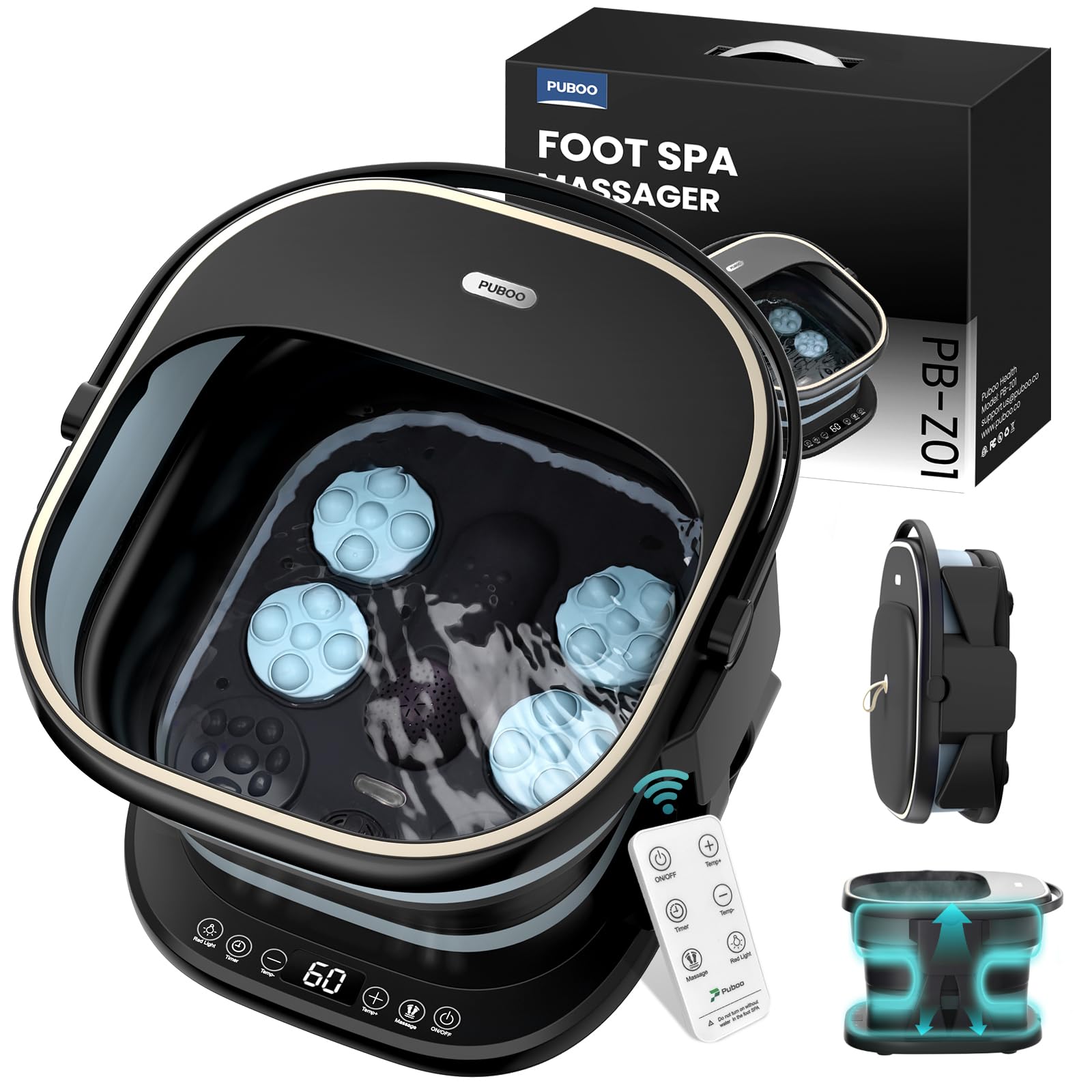 Puboo Collapsible Foot Spa Bath Massager with Heat - Electric Foot Soaking Tub with 16 Massage Balls, Red Light Therapy, Adjustable Support Rods & Wireless Remote - Perfect for Relaxation, Pedicure & Foot Care - Fits Up to Men's US 11.5 (Black Gift Box)