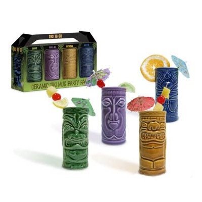 4 Pack Ceramic Tiki Tumblers - Hawaiian Luau Party Mugs & Drinking Glasses for Tropical Themed Parties, Beach Weddings, Summer BBQs and Poolside Cocktails