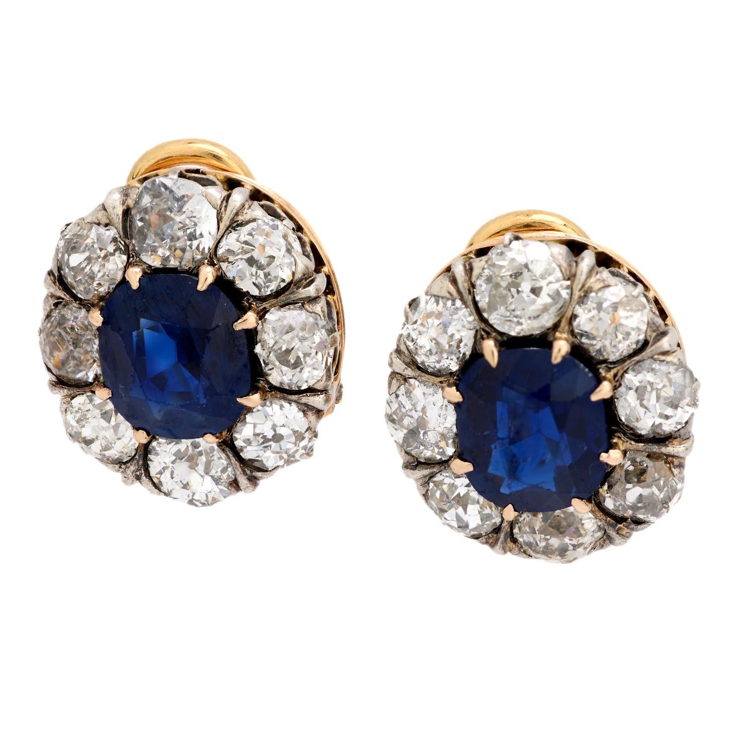 GIA Certified 3.45 Carat Edwardian Sapphire & Diamond 18K Yellow Gold Earrings - Vintage Luxury Jewelry for Weddings & Special Occasions