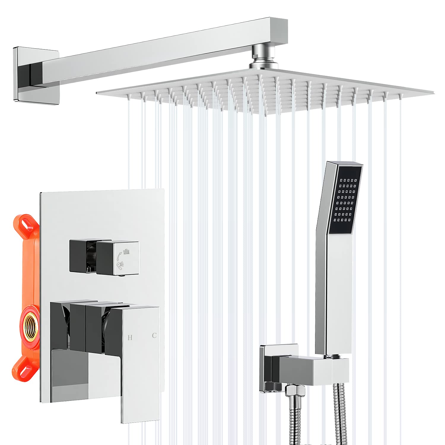 DJS 10 Inch Rain Shower Head with Handheld Sprayer, Wall Mounted Brass Pressure Balancing Shower Faucet Valve System - Chrome Finish for Luxurious Bathroom Upgrade | Perfect for Master Bath, Spa-Like Experience & Water Saving Shower Solution