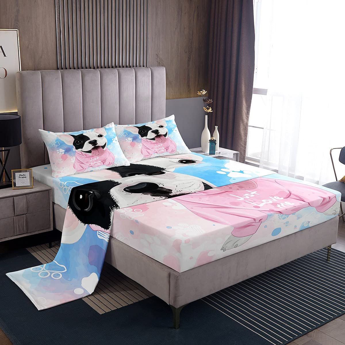 Cute Dog Bedding Set Full Size - Kawaii Puppy Pug 4-Piece Sheet Set with Deep Pocket (Fitted Sheet, Flat Sheet, 2 Pillowcases) - Cartoon Animal Theme for Kids, Boys & Girls - Perfect for Bedrooms, Dorms, and Pet-Themed Decor