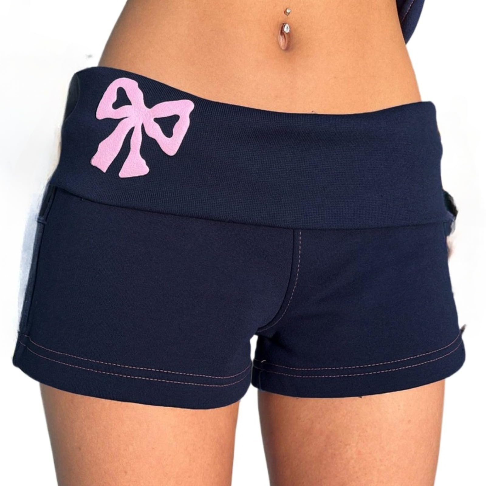 Women's Sporty Hot Shorts - Low Waist Fold Over Design with Pink Bow Print for Summer | Perfect for Gym, Beach, and Casual Outings