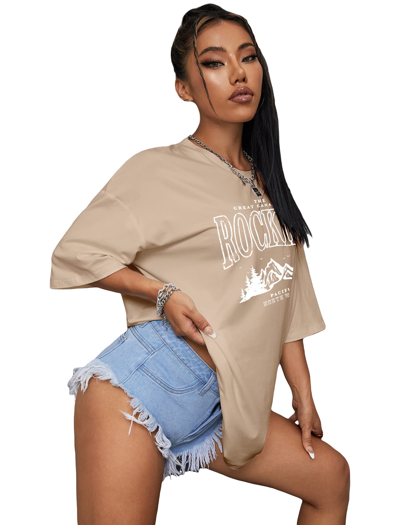 SOLY HUX Women's Oversized Graphic Tee - Half Sleeve Loose Casual T-Shirt - Summer Fashion Top - Apricot & White - XS - Perfect for Streetwear, Beach Outfits & Casual Everyday Wear