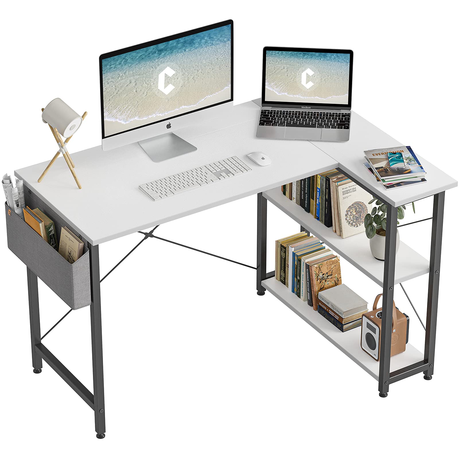 CubiCubi 40 Inch Small L-Shaped Computer Desk with Storage Shelves - Home Office Corner Desk for Study & Writing - Space-Saving White Workstation for Small Rooms & Apartments