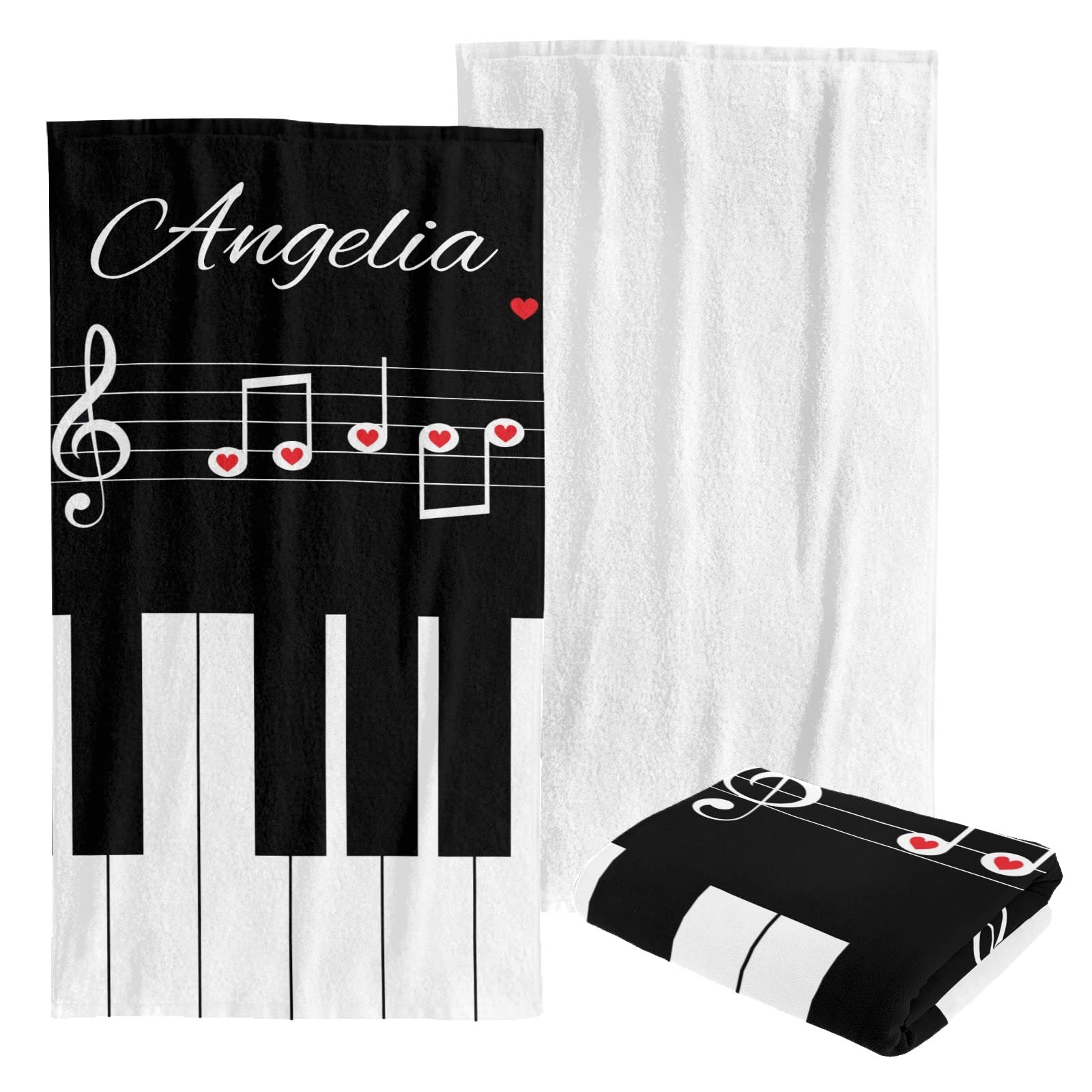 Custom Personalized Beach Towels - Monogrammed Quick Dry Bath Towels for Kids, Men & Women - Soft Large Blanket for Swimming, Pool, Vacation & Summer Travel - Heart & Music Design
