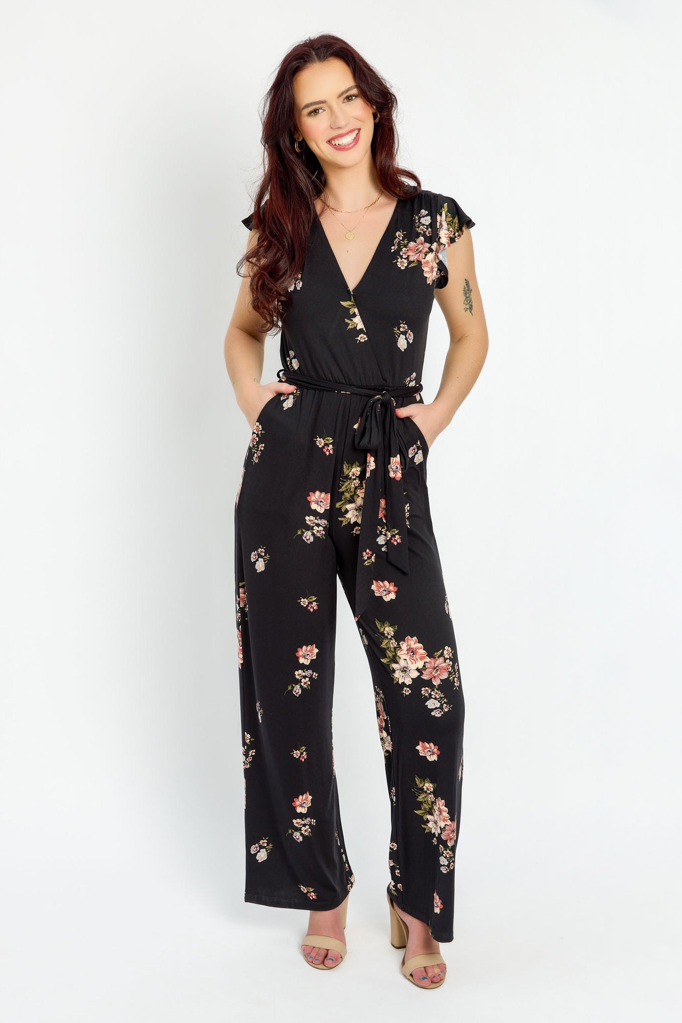 Floral Print Flutter Sleeve Crossover Jumpsuit with Tie Belt - Women's Summer Romper for Beach Vacation & Date Night Outfits