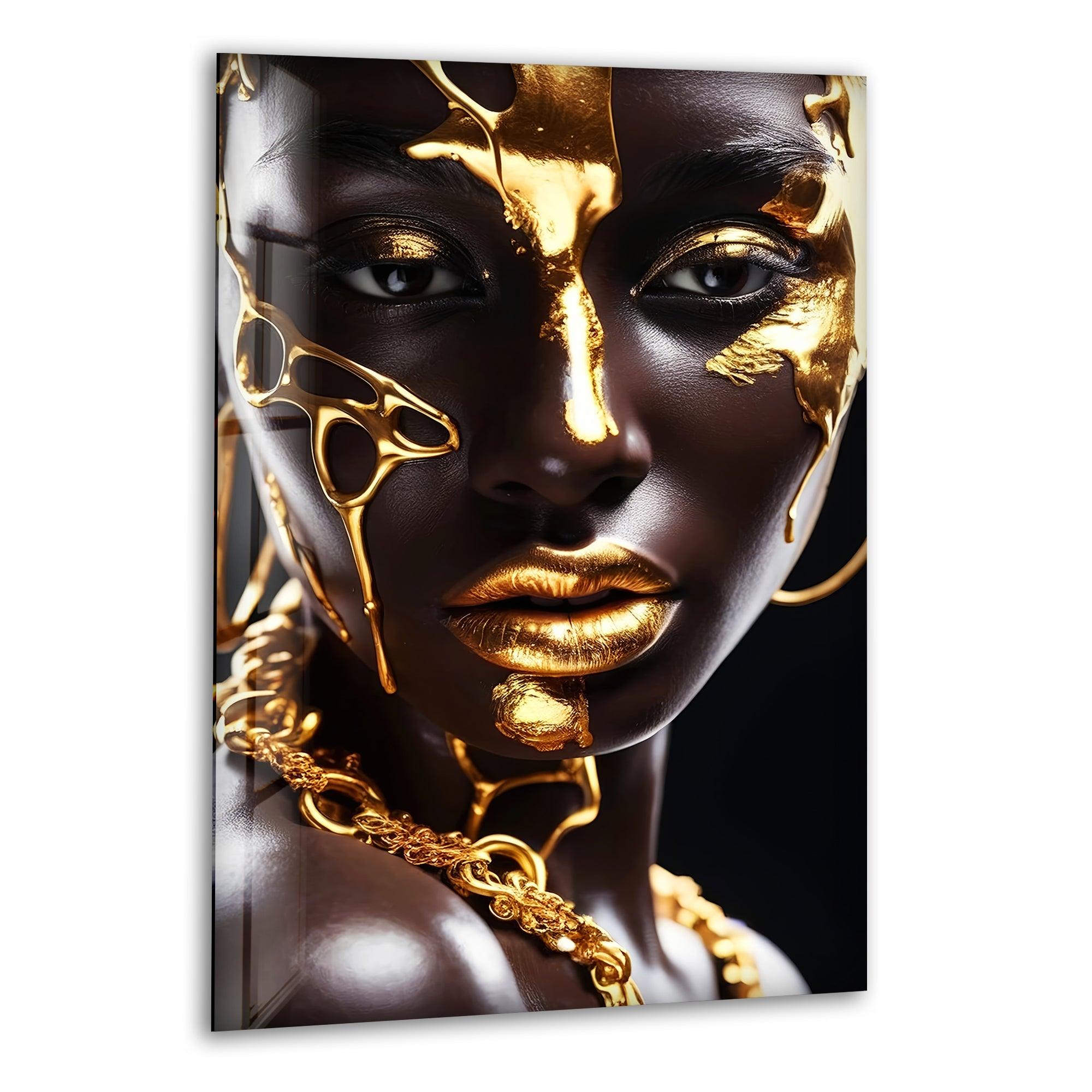 African Gold Woman Glass Wall Art - Handmade African Decor for Living Room, Bedroom & Office - Elegant Home Decor Gift for Women