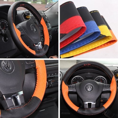 Premium Orange & Black PVC Leather Steering Wheel Cover - Universal Fit 14.5