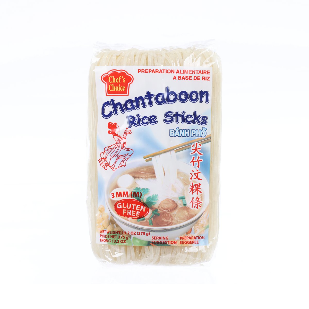 CHEF'S CHOICE Premium Chantaboon Rice Sticks 3mm (13.2oz) - Authentic Thai Rice Noodles for Stir Fry, Soup & Asian Dishes | Gluten-Free & Vegan Friendly
