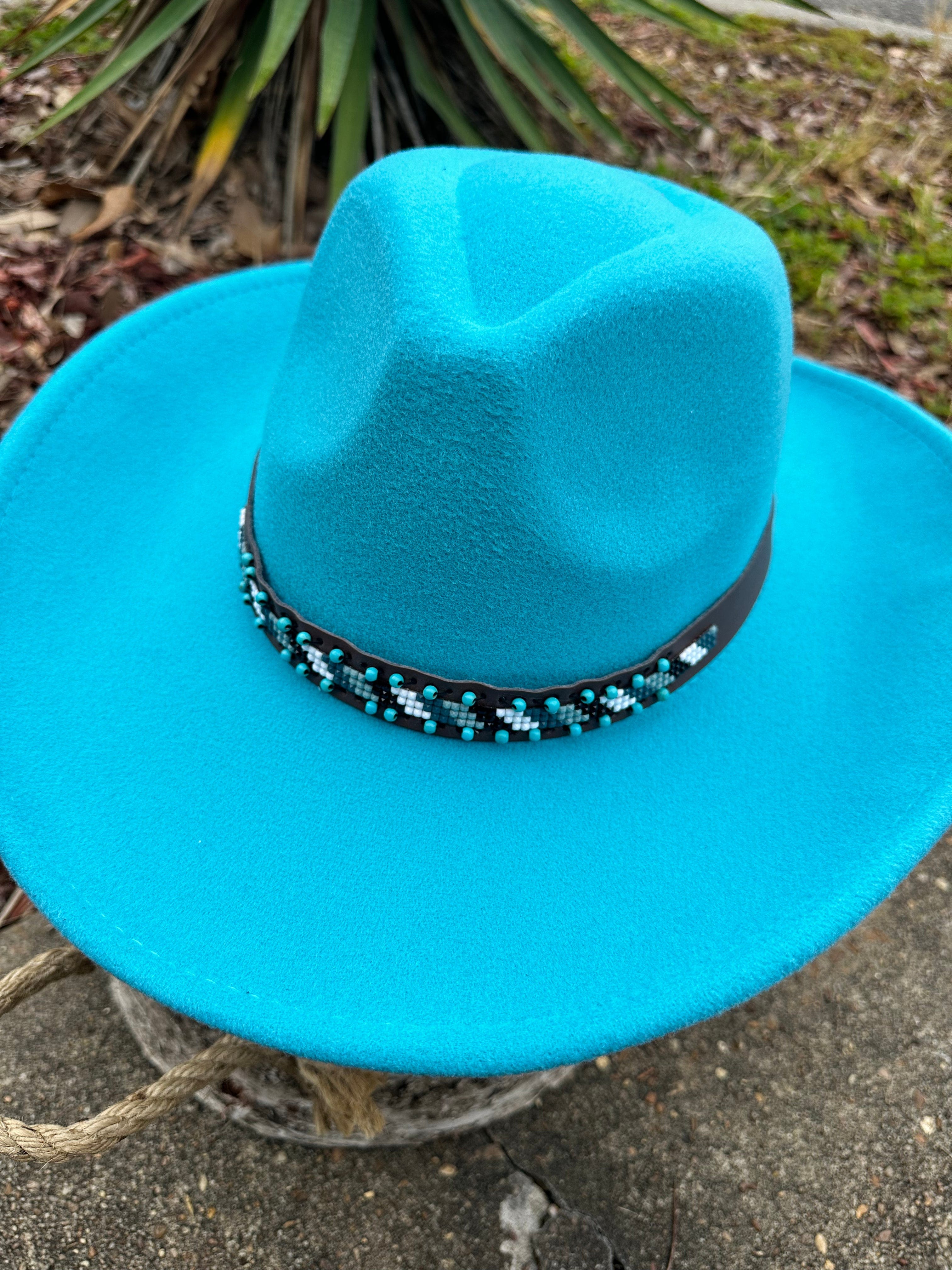 Women's Teal Wide Brim Felt Hat with Beaded Hat Band - Stylish Sun Hat for Outdoor Events, Beach Vacations & Fashion Accessories