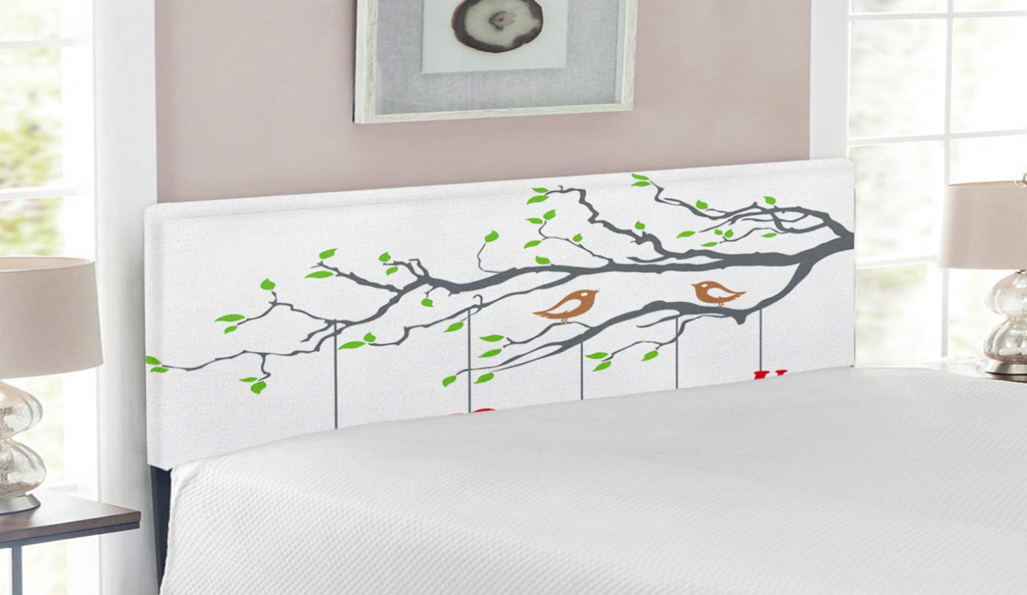 Ambesonne Romantic Love Birds on Tree Branch Headboard - Queen Size Upholstered Metal Bed Frame with Memory Foam | Grey Red Fern Green Spring-Inspired Artwork | Perfect for Master Bedroom, Guest Room & Romantic Bedroom Decor