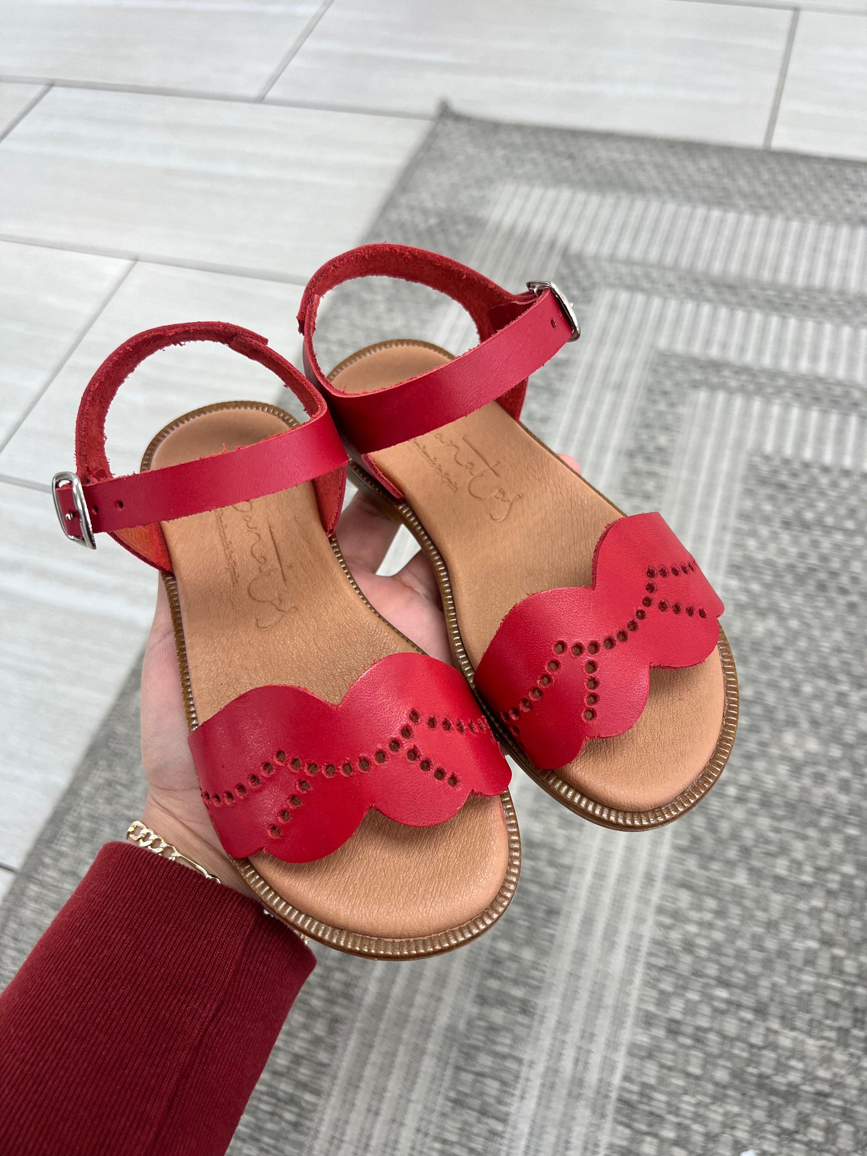 Papanatas Red Leather Scalloped Sandals for Women - Comfortable Summer Dressy Flats - Perfect for Beach, Vacation & Casual Outings