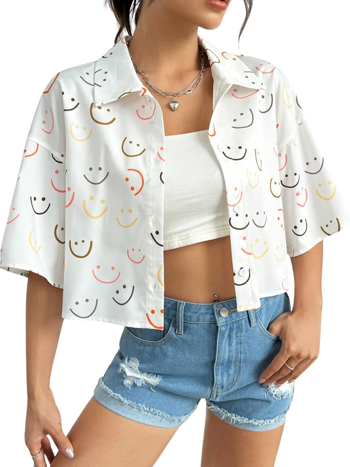 Leriya Women's Short Sleeve Button Down Shirt - Stylish Printed Casual Crop Top with Collar | Oversized Blouse for Women | Perfect for Office, Date Night & Summer Outfits
