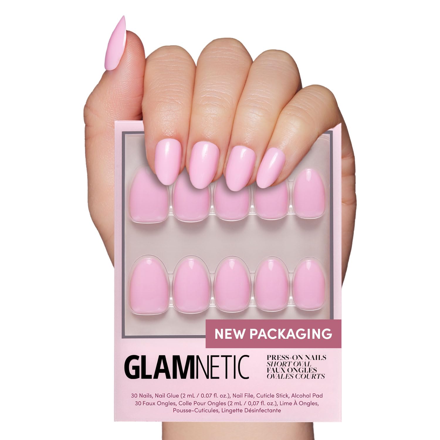 Glamnetic Press On Nails - Think Pink | Solid Opaque Light Pastel Pink Short Oval Fake Nails, Reusable Artificial Nails with 15 Sizes (30 Nails Kit) | Perfect for Weddings, Parties, Date Nights & Everyday Wear