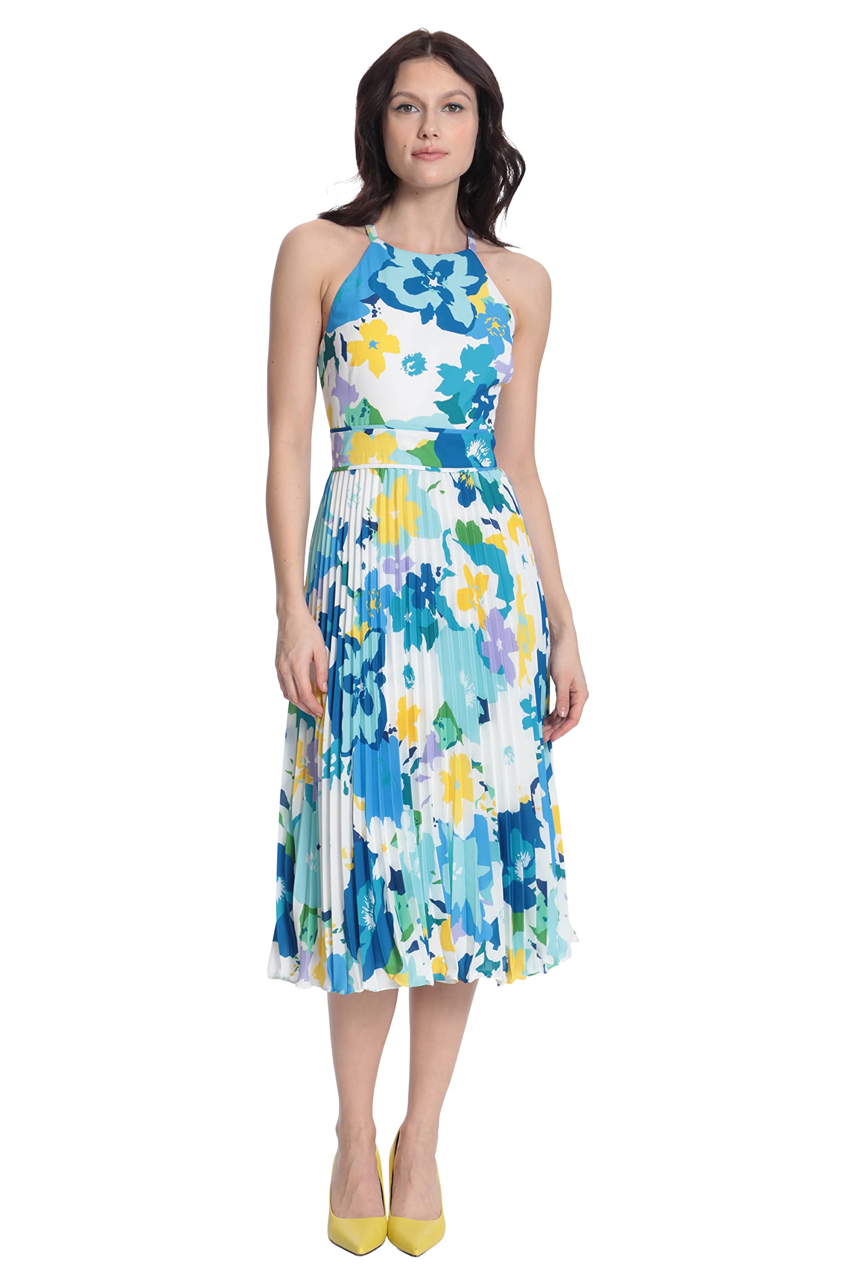 Donna Morgan Women's Halter Neck Midi Dress with Pleated Skirt - Elegant Summer Party, Wedding Guest & Cocktail Attire