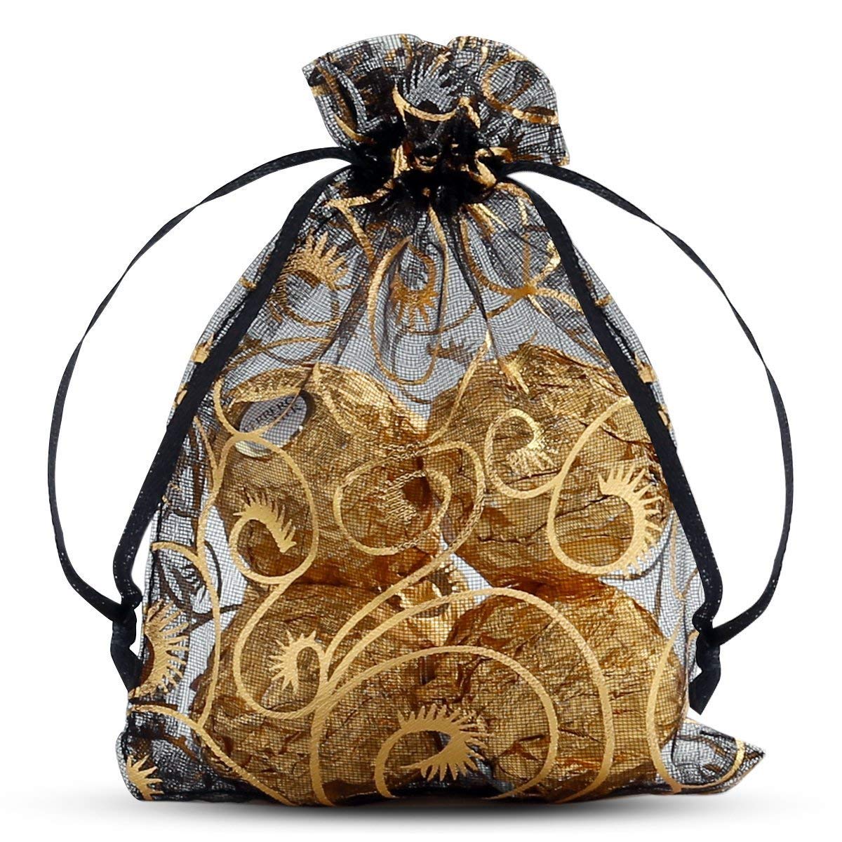 Stratalife 50PCS 4x6 Inch Black & Gold Organza Drawstring Bags - Jewelry Gift Bags, Party Favor Pouches, Mesh Candy Bags for Birthdays, Weddings & Special Events