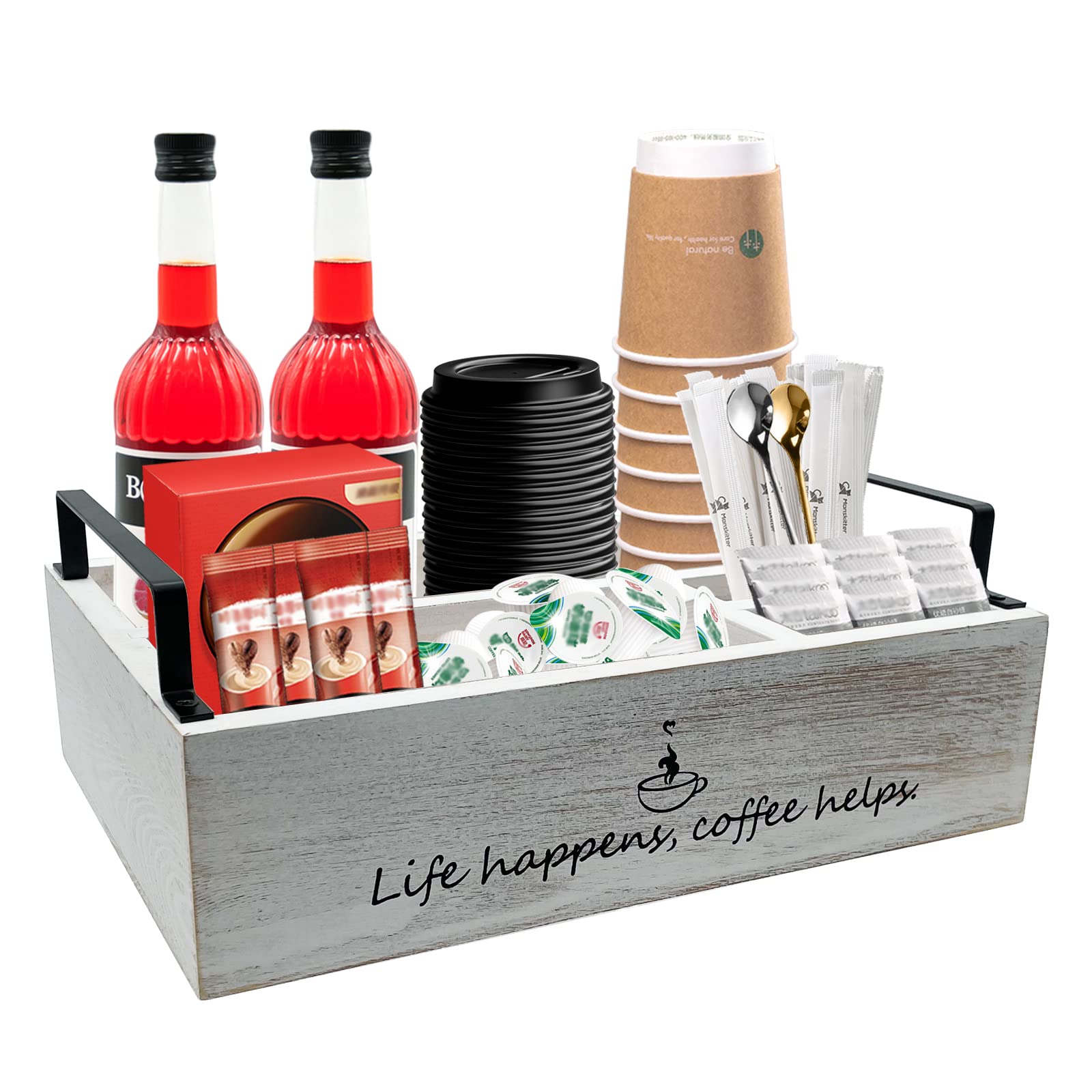Farmhouse Coffee Bar Organizer - Rustic White Wooden Tray for Coffee, Sugar, Syrup & Tea Supplies | Perfect for Kitchen Countertops, Office Coffee Stations & Home Decor