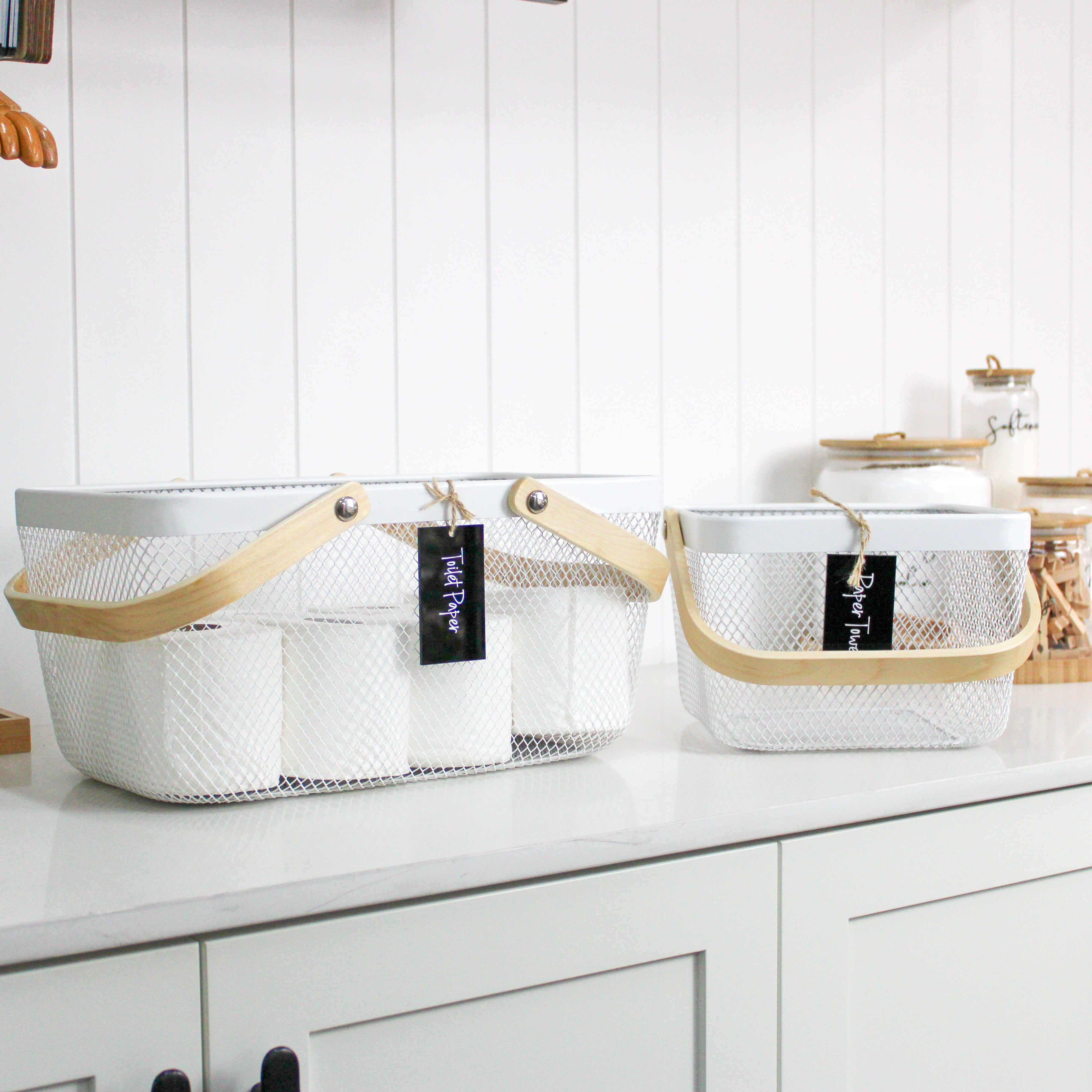 Large White Storage Basket with Wooden Handle - Perfect for Home Organization, Laundry, and Bathroom Storage