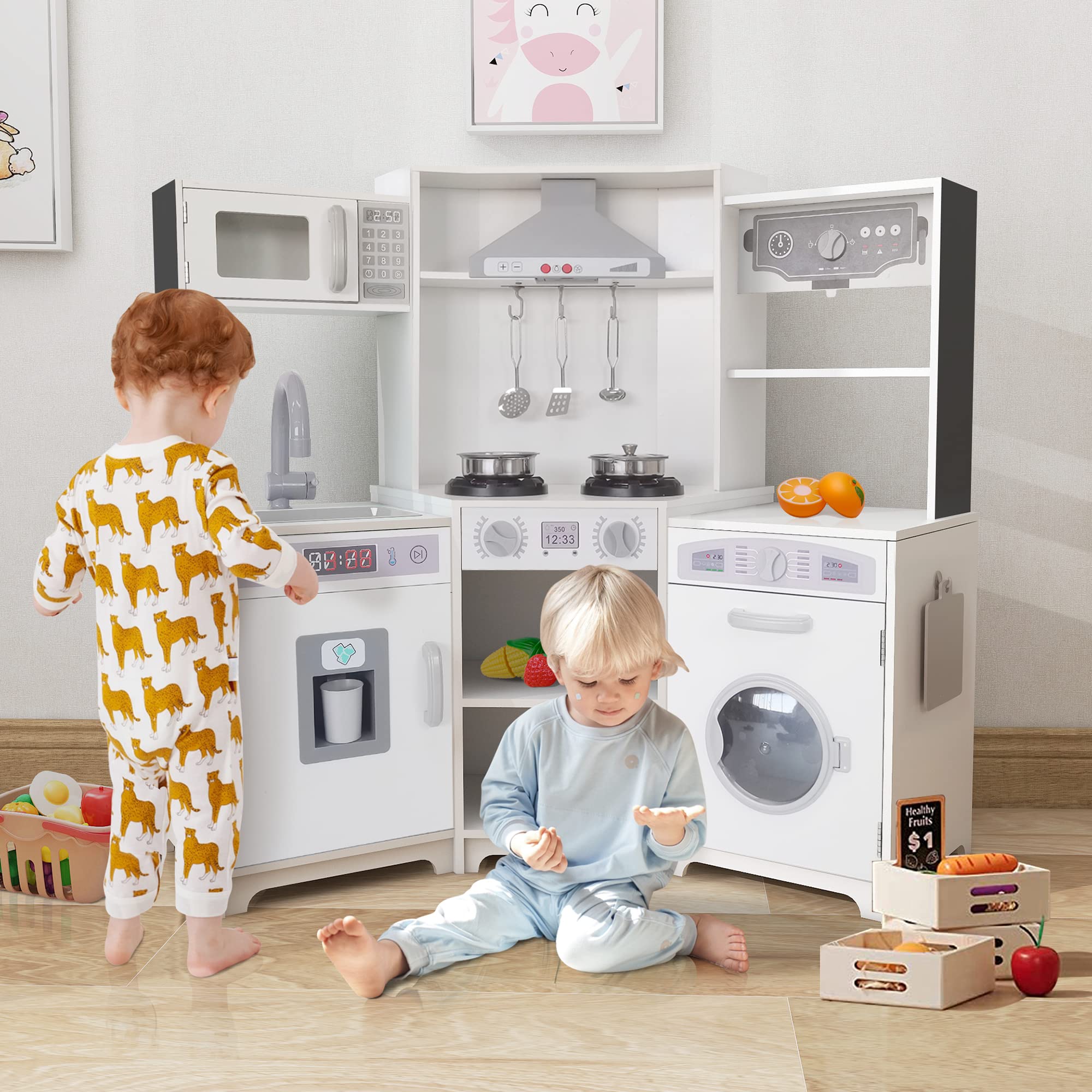 TaoHFE White Wooden Play Kitchen Set for Kids - Interactive Corner Kitchen Toy with Lights, Sounds, Washing Machine & Range Hood - Chalkboard & Washer Features - Perfect Pretend Play Gift for Toddlers Ages 3+ (Girls & Boys) - Ideal for Home Playrooms, Preschool Learning & Birthday Gifts