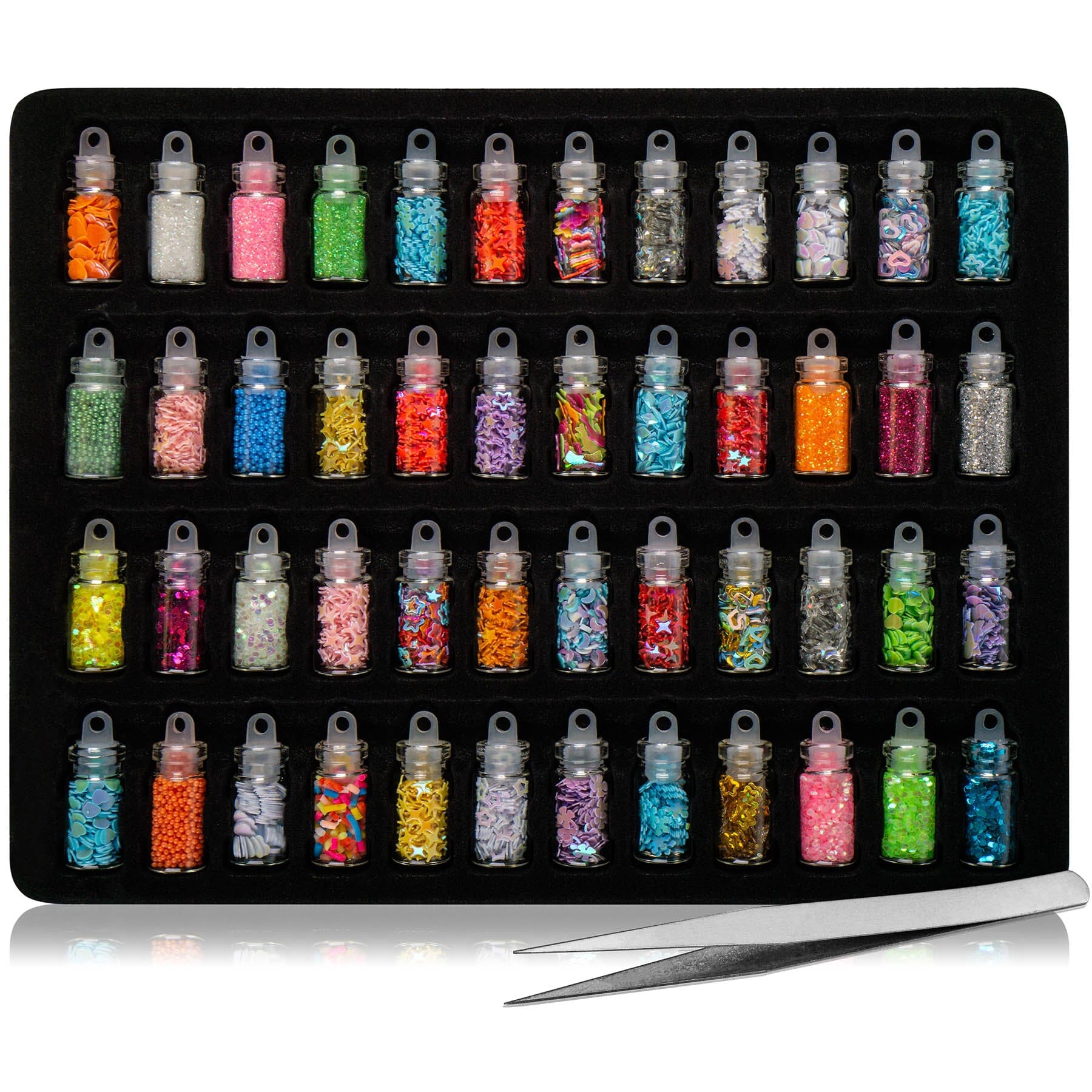 3D Nail Art Decoration Mini Glass Bottles Set - 48 Pieces with Free Nail Art Tweezer for DIY Manicure, Nail Salon & Home Decoration